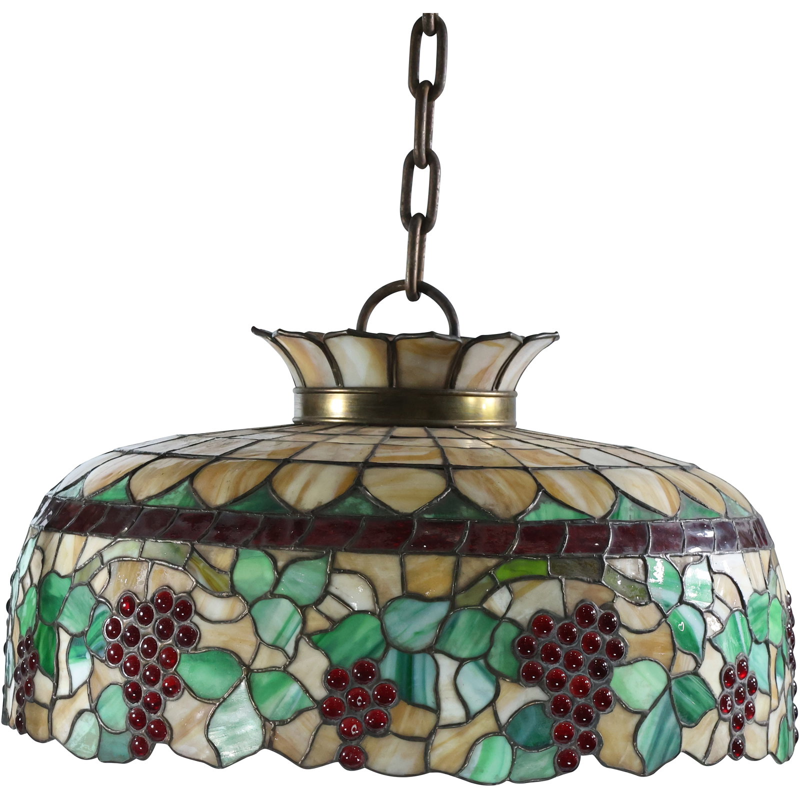 Quality Antique Leaded Glass Hanging Dome Grapes Border 23 inches diameter, All Good, Original: Quality Antique Leaded Glass Hanging Dome Grapes Border 23 inches diameter, All Good, Original. size: 13.5 x 23 middle