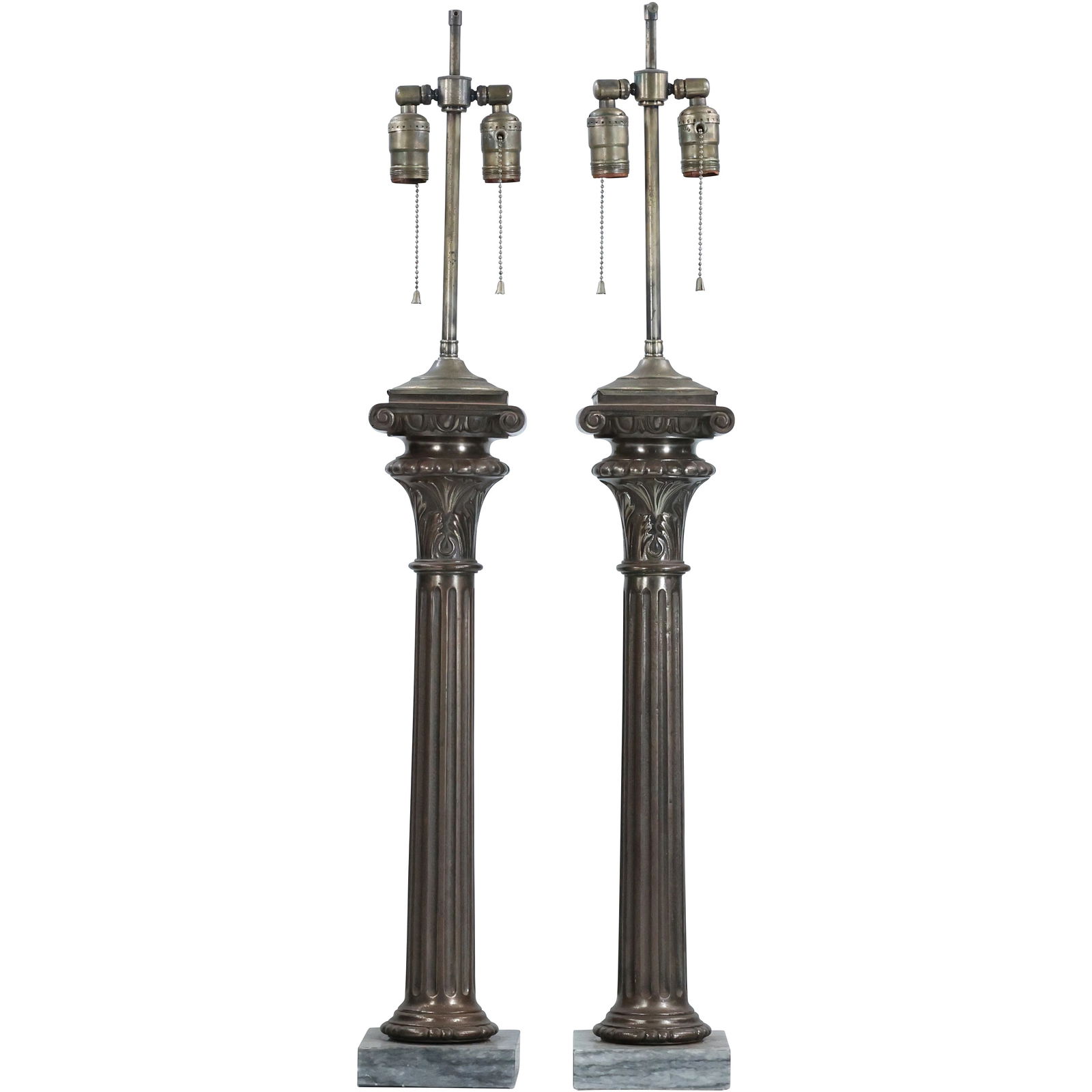 Pair Quality Silver Tone Cast Metal Neo Classical Column Table Lamps 35.25 in. overall height (1 of 8)