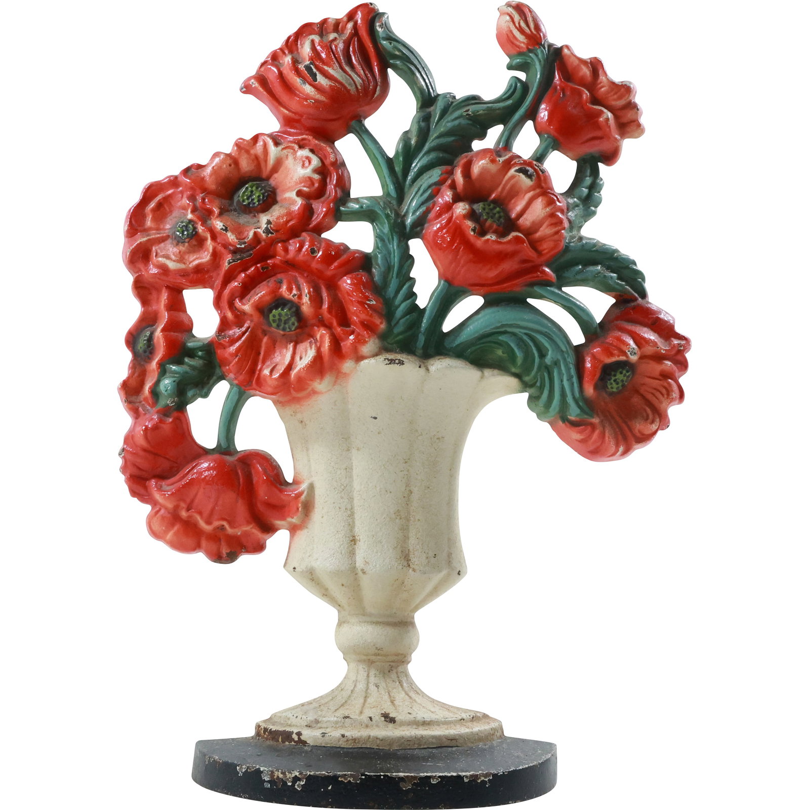 Vintage Cast Iron Doorstop White Urn with Red Flowers in Original Paint Finish 10.5 in. height: Vintage Cast Iron Doorstop White Urn with Red Flowers in Original Paint Finish 10.5 in. height. size: 10.5x8 shelf: A