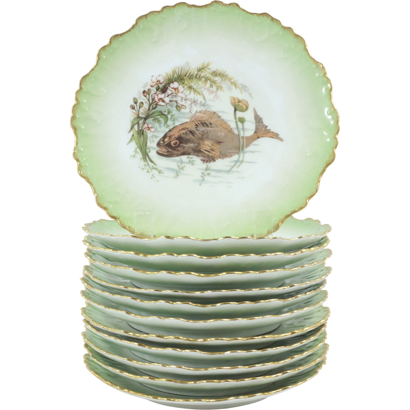 Set of 12 "L. R. L. Limoges France"  FISH PLATES 8.75 inches diameter, Green Border (1 of 19)
