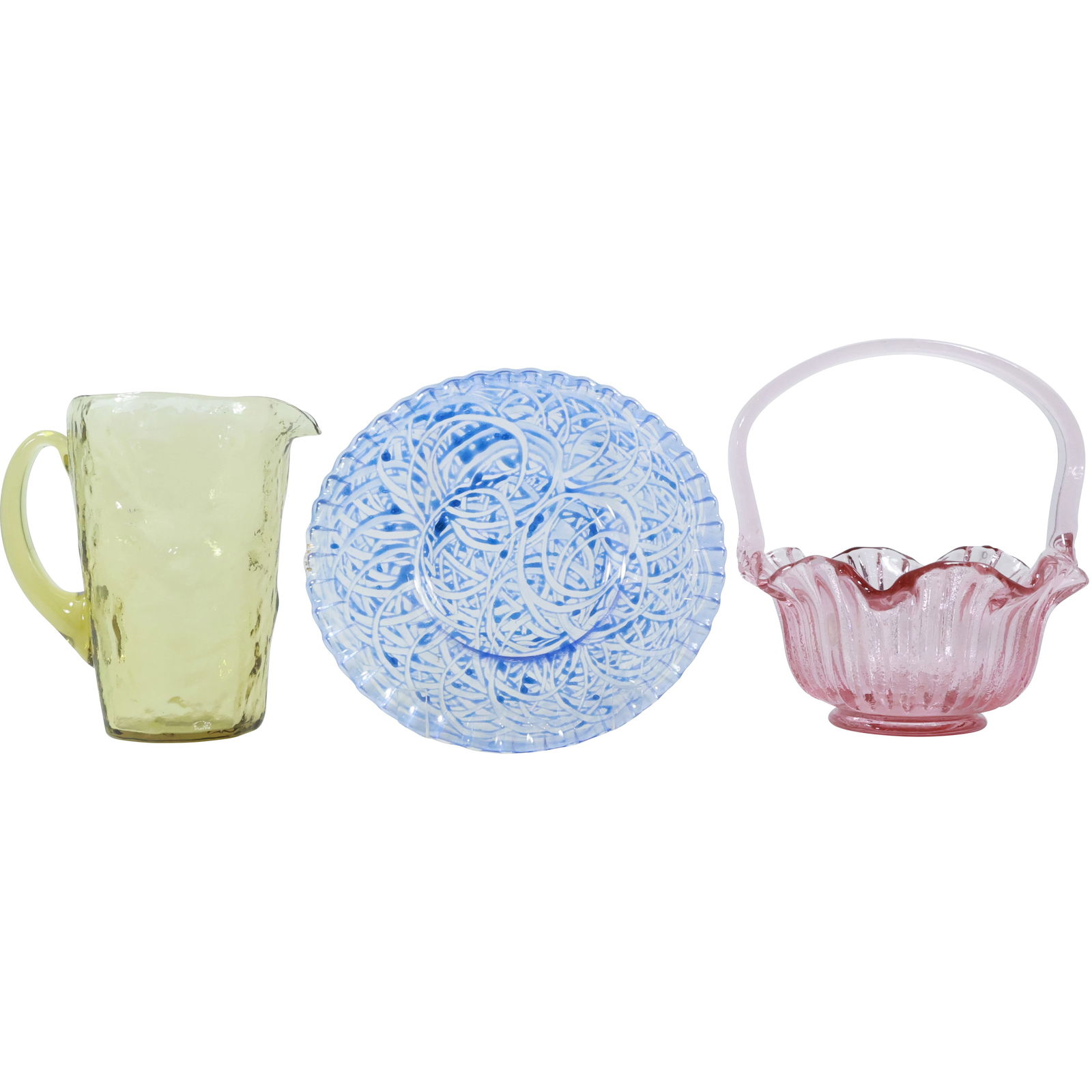Estate Grouping of 3 Assorted Color Glass:  Blue Plate, Amber Pitcher, Pink Basket (1 of 20)