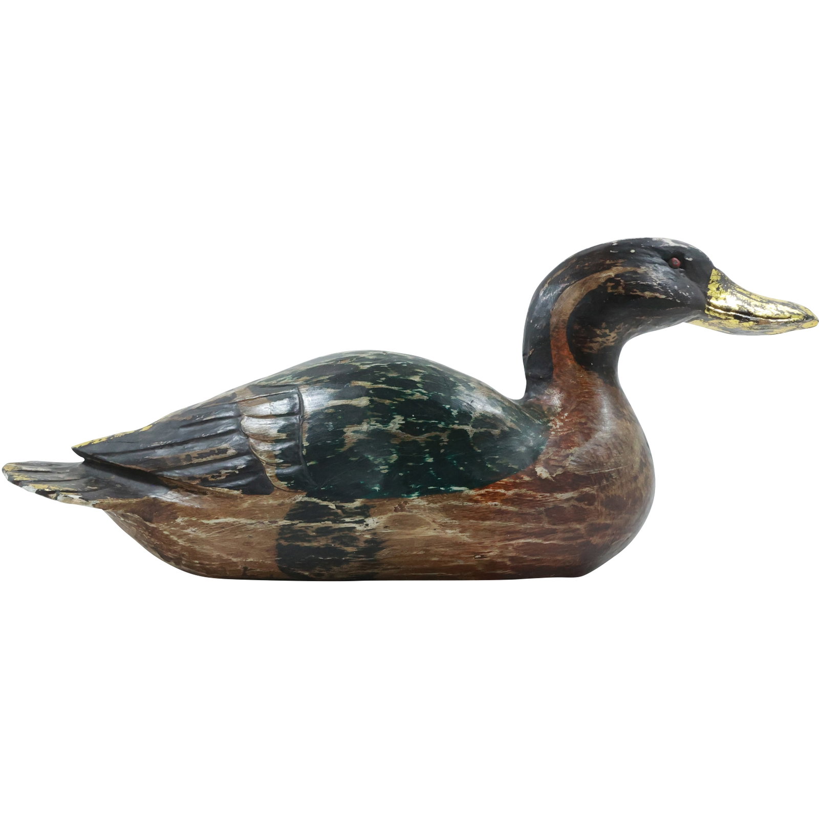 Hand Carved Large Wood Duck Decoy in Polychromed Patina with Gold Gilt Accent 19 in. length: Hand Carved Large Wood Duck Decoy in Polychromed Patina with Gold Gilt Accent 19 in. length. size: 7.75x19 shelf: A