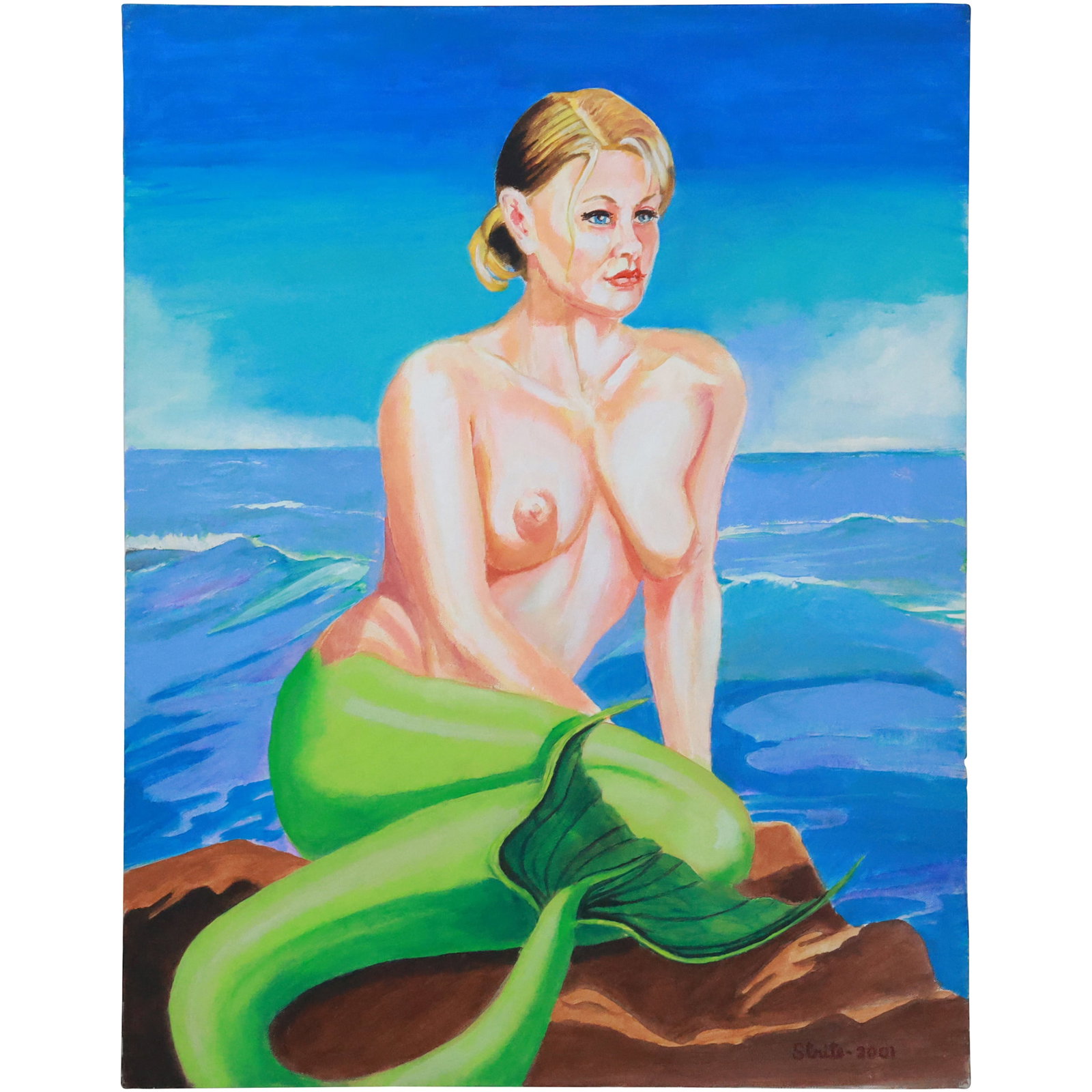 Norman Strite '01, American Artist, Oil on Canvas Painting "Mermaid Pin-up Sitting on the Rocks": Norman Strite '01, American Artist, Oil on Canvas Painting "Mermaid Pin-up Sitting on the Rocks" size: 22x28 ;Author of Book: Norman Strite in the Temple of Beauty. Figure Paintings and Drawings by No