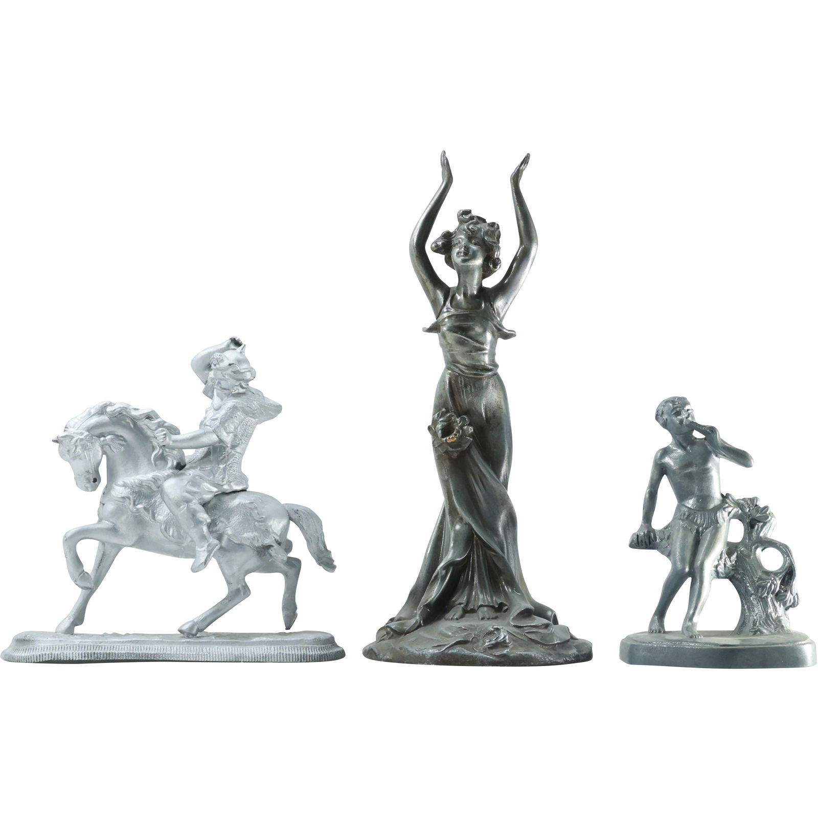 3 Assorted Cast Metal Spelter Figure on Horse, Art Nouveau Woman, Pan Figure (1 of 20)