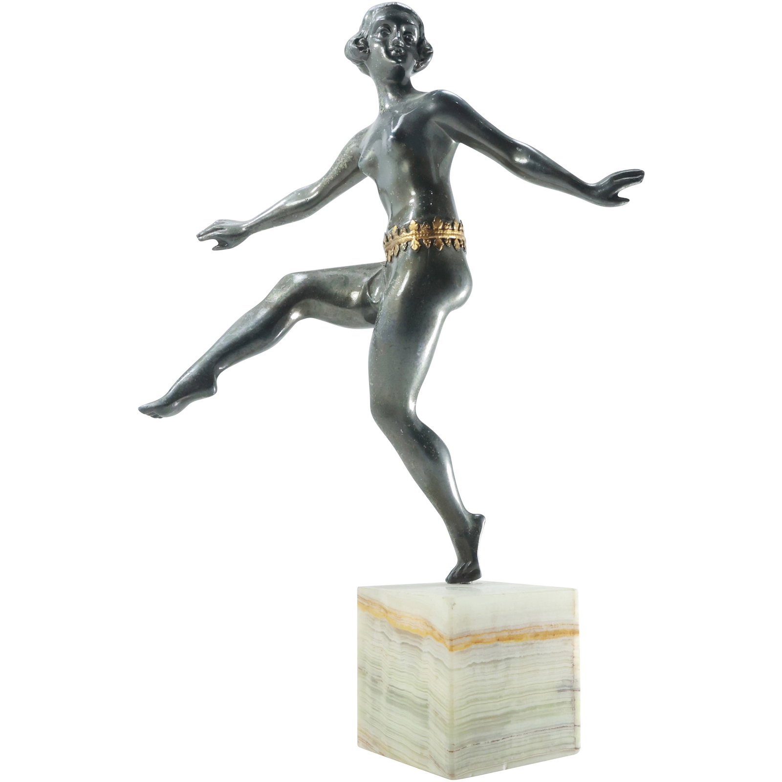 Vintage Cast Metal Spelter Art Deco Flapper Girl Dancer Mounted on Onyx Base 14.5 in. height: Vintage Cast Metal Spelter Art Deco Flapper Girl Dancer Mounted on Onyx Base 14.5 in. height. size: 14.5 in. x 9.75 in. shelf: E