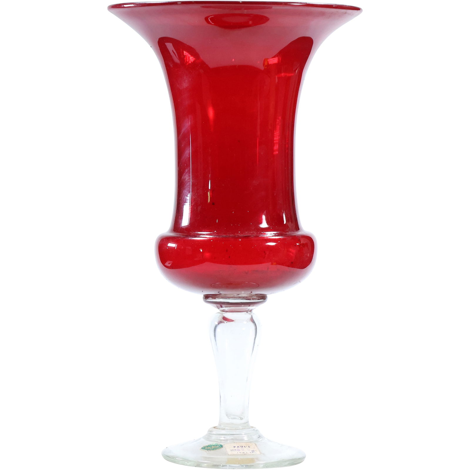 Large BALBOA Italian Glass Urn Shaped Vase Ruby Red with Clear Stem Base 15.75 in. height (1 of 8)