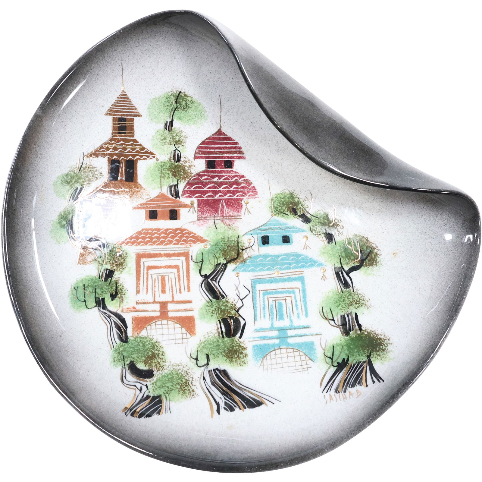 Sascha Brastoff , California, Ceramic Plate Fold-over side, Asian Pagoda Village, Mid-Century Modern (1 of 9)