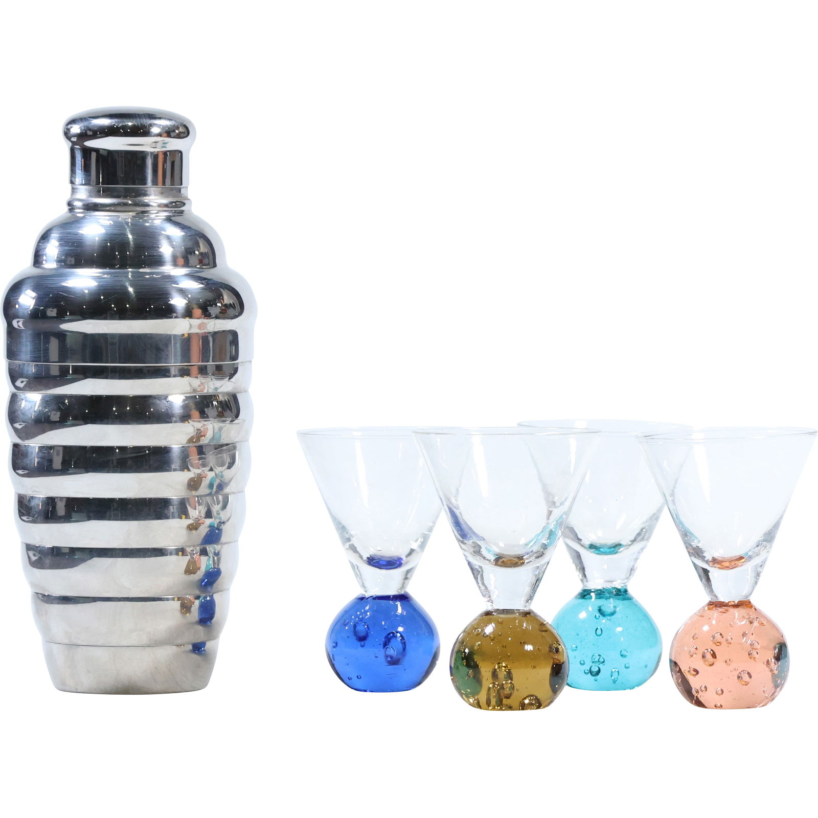 Mid-Century Modern Chrome Cocktail Shaker with 4 Art Glass Base Cordial Glasses (1 of 10)