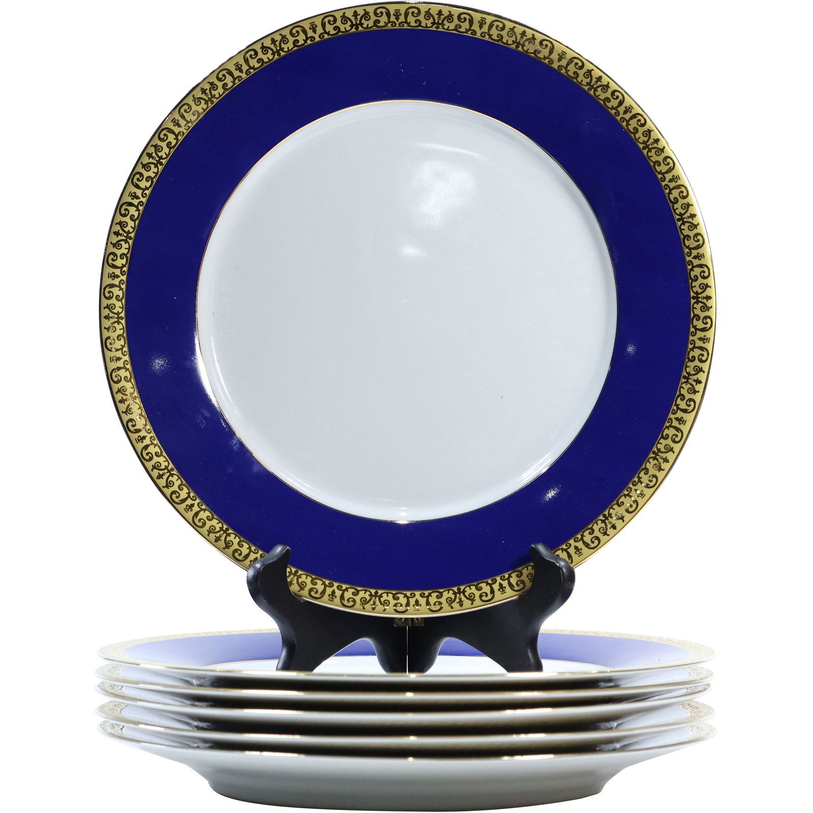 Set 6 Gold Buffet Royal Gallery Porcelain Dinner Plates with Blue and Gold Border 10.75 in. dia.: Set 6 Gold Buffet Royal Gallery Porcelain Dinner Plates with Blue and Gold Border 10.75 in. dia. size: 1 x 10.75 shelf D