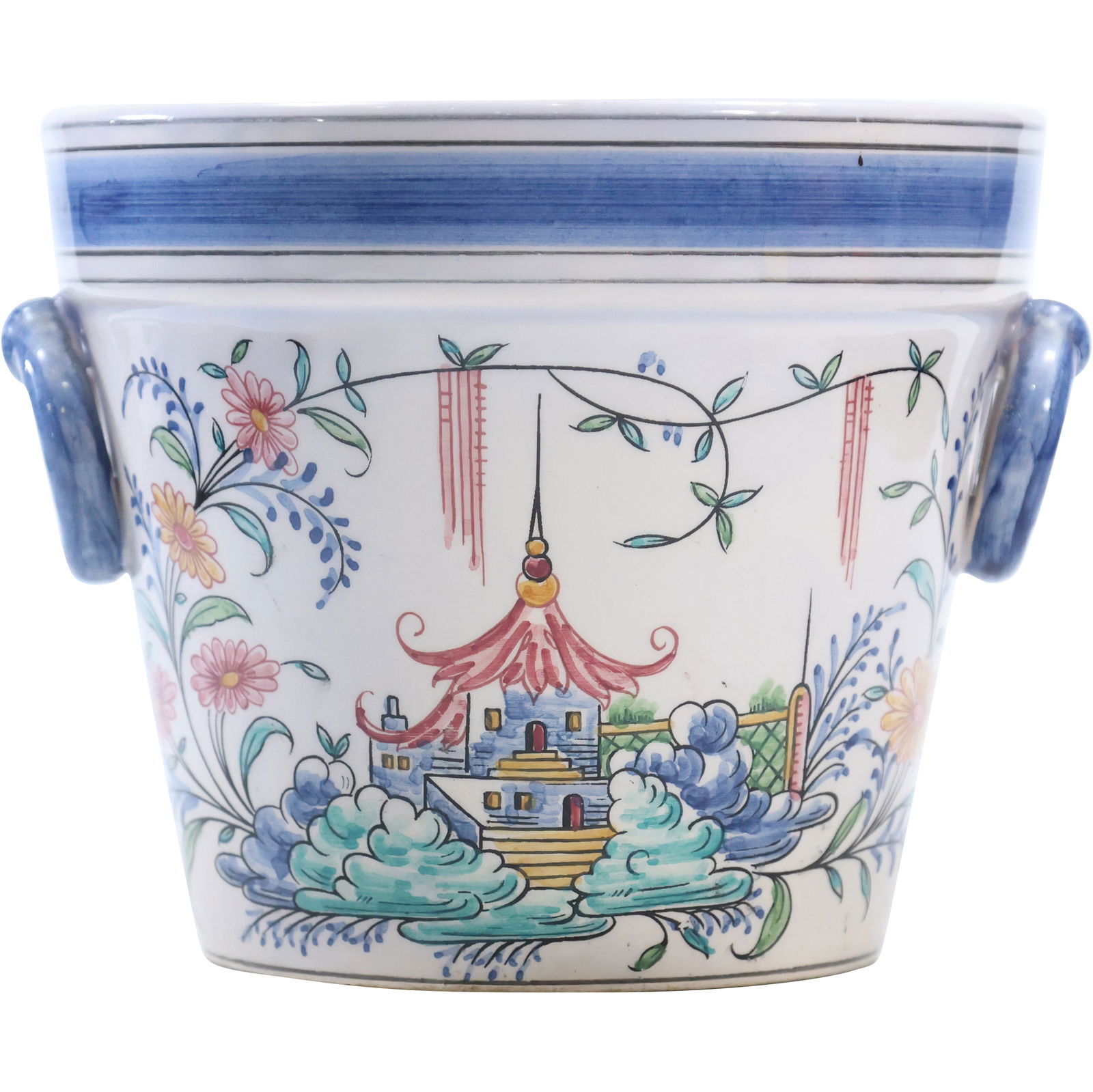 Hand Painted Ceramic Flower Pot  Asian Pagoda Scene, Hand Painted Portugal, 7 in. diameter (1 of 9)