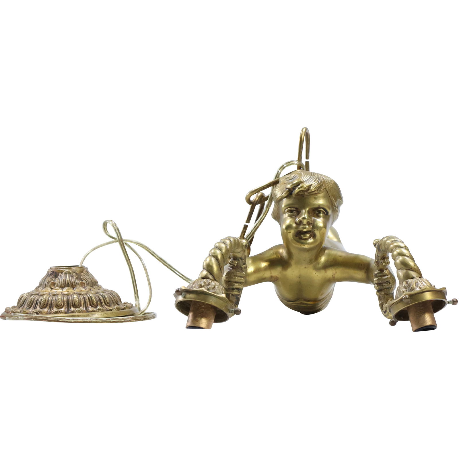 Hanging Bronze Cherub Figure Light Fixture Takes 2 Glass Shades, Original Patina (1 of 11)