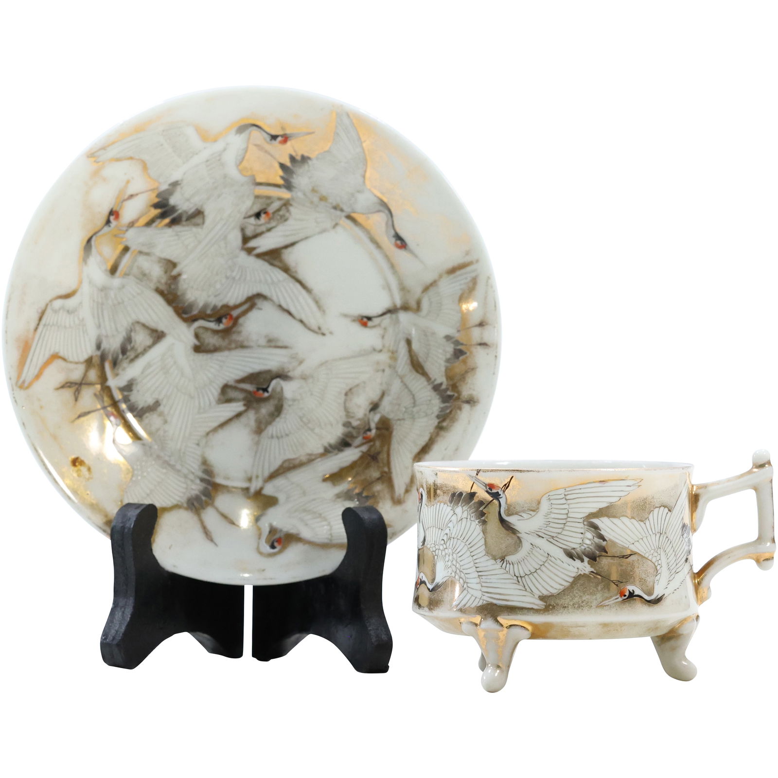 Very Fine Japanese Porcelain Signed Tea Cup and Saucer with Flying Cranes Birds (1 of 11)