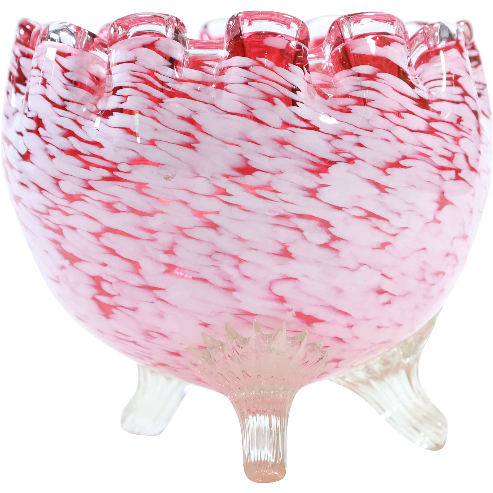 Pink and White Art Glass Bowl / Vase Three Leg Footed Base 5.5 in. height x 6 in. wide (1 of 5)