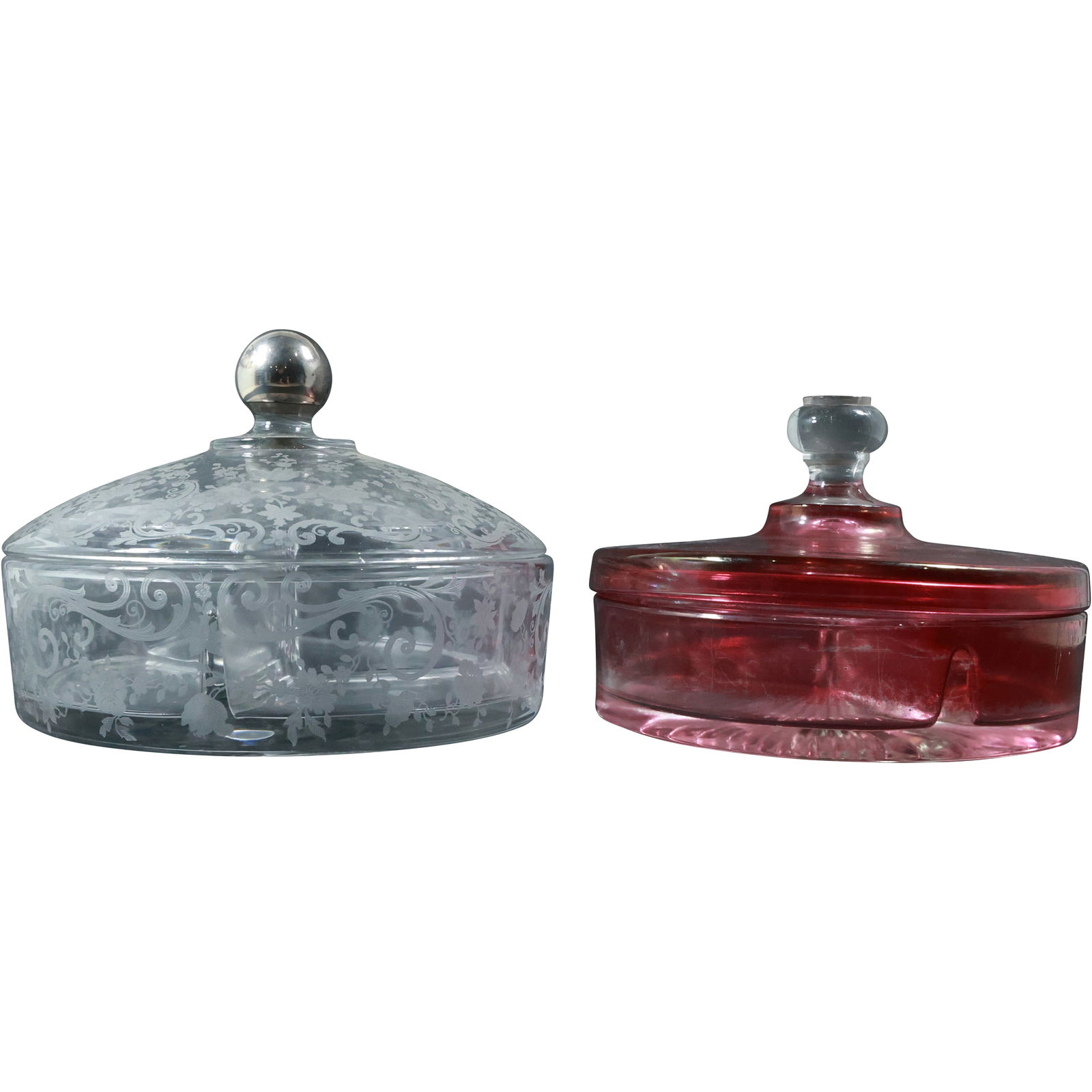 2 Elegant Round Etched Glass Divided Dresser Boxes Clear and Cranberry Flash (1 of 20)