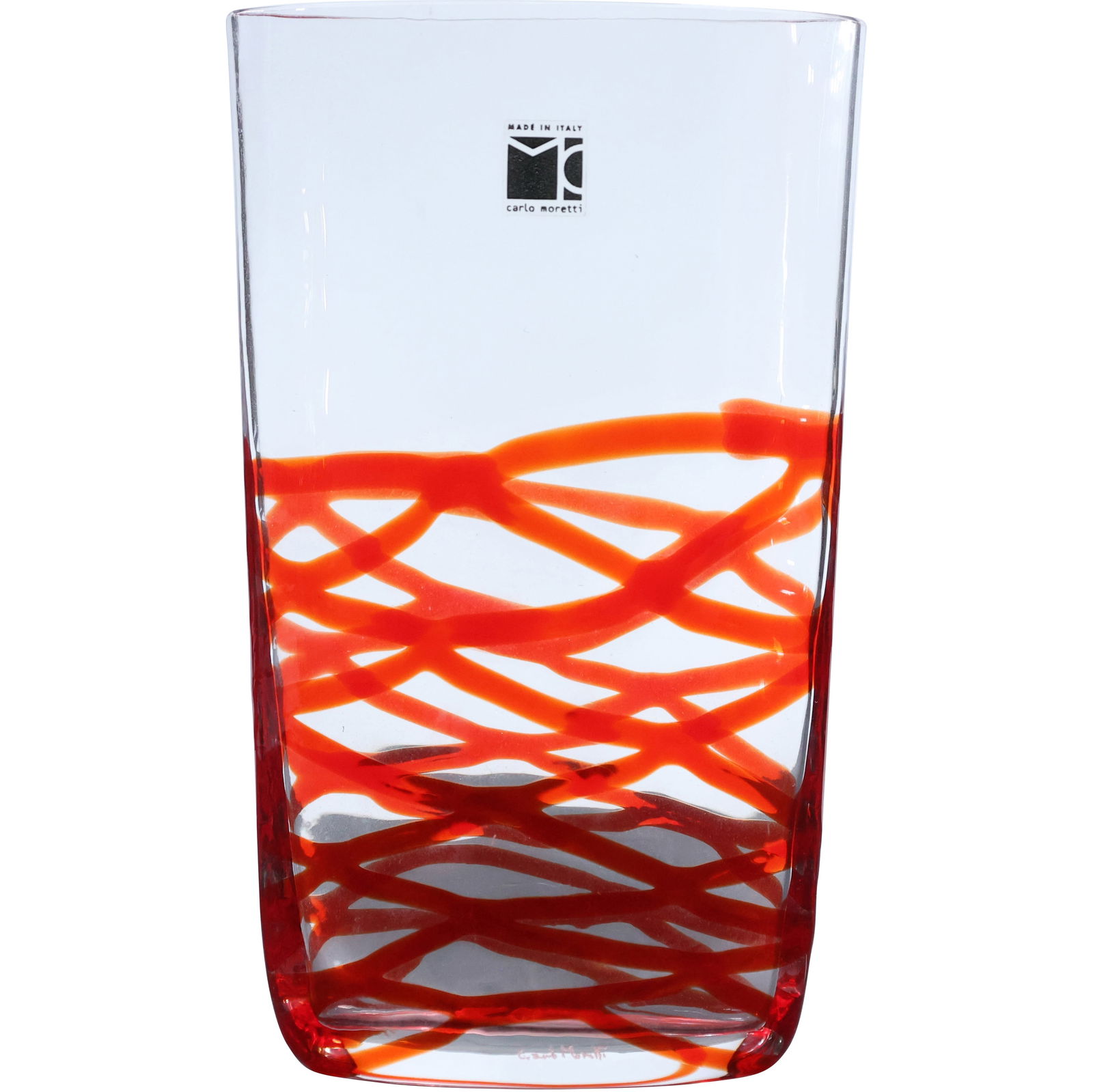 Carlo Moretti, Italian Art Glass Vase Clear Crystal with Red Abstract Lines 7.5 in. height, Label: Carlo Moretti, Italian Art Glass Vase Clear Crystal with Red Abstract Lines 7.5 in. height, Label. size: 7.5 x 4.5x 3 shelf E