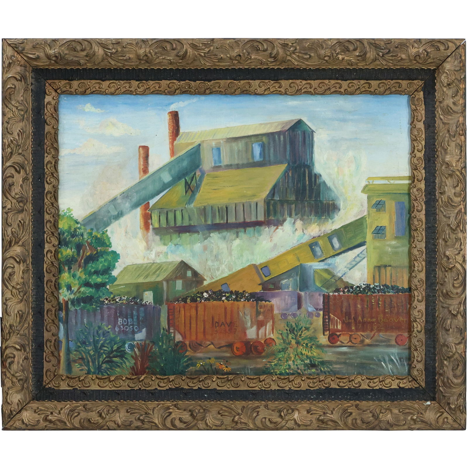 Signed Dave 1957, Rural Industrial Coal Mining Oil on Board Painting , Framed (1 of 11)