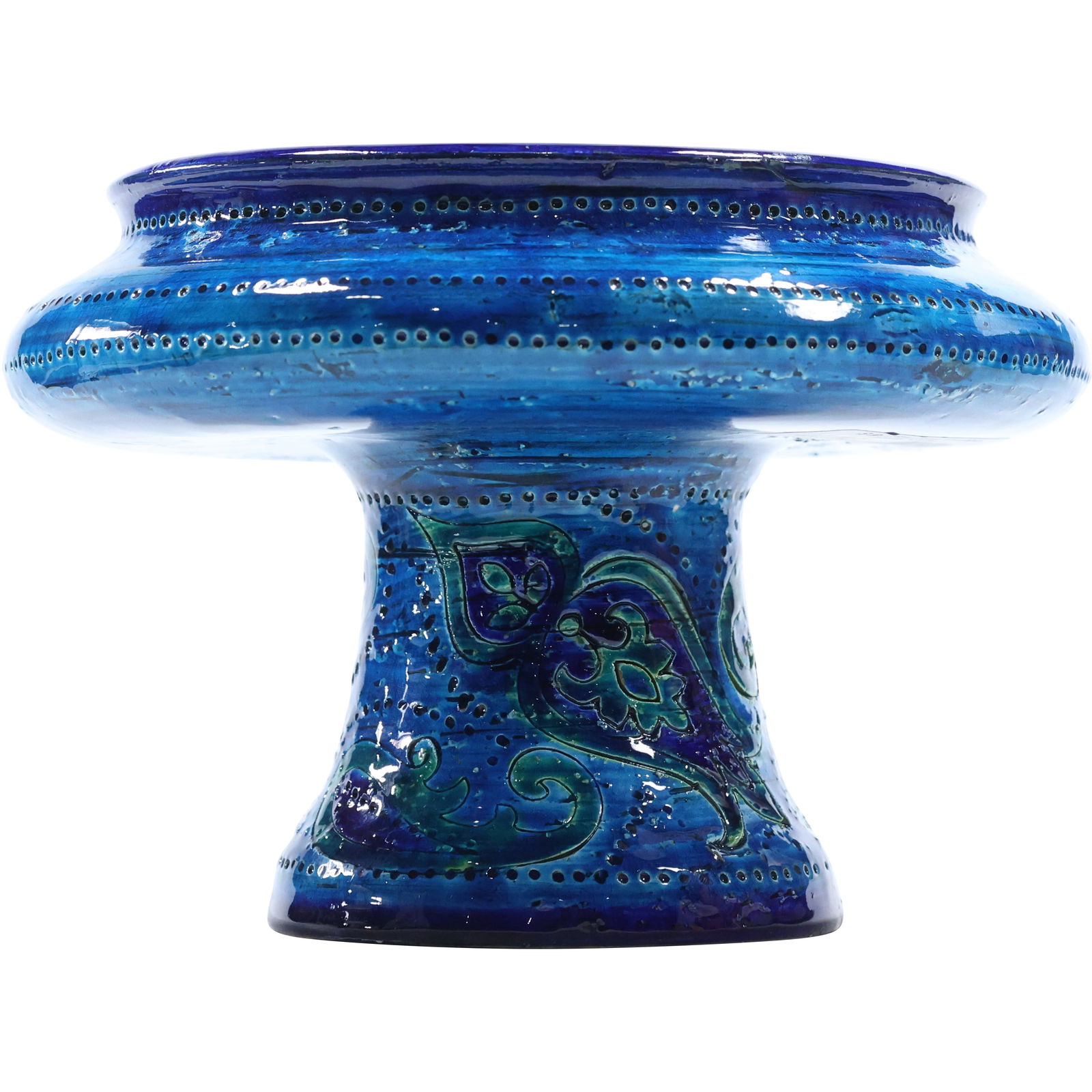 Italian Bitossi Blue Ceramic Pedestal Fruit Bowl by Aldo Londi, 1960s, 6 in. x 9 in. (1 of 7)