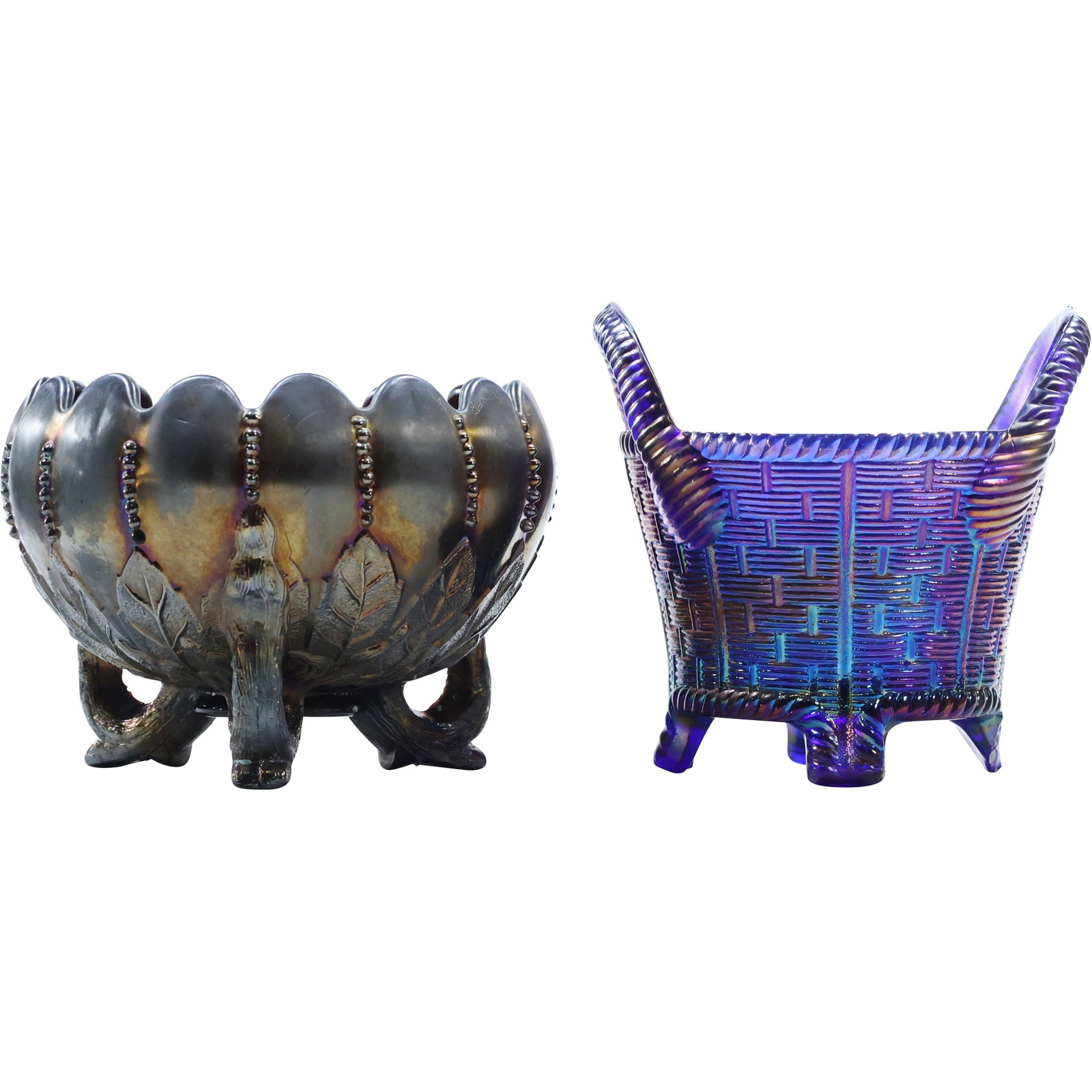 [2] Purple Carnival Glass Footed Lotus Bowl & Purple Iridescent Glass Footed Basket Bowl: [2] Purple Carnival Glass Footed Lotus Bowl & Purple Iridescent Glass Footed Basket Bowl. size: (4 x 5.5), (4.5 x 5) shelf E
