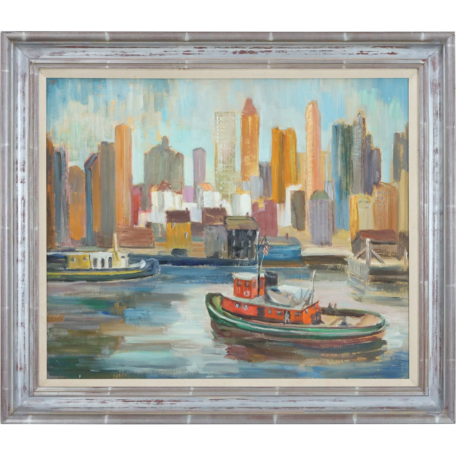 Vintage Oil on Board Painting Tug Boat in New York Harbor with Cityscape , Framed: Vintage Oil on Board Painting Tug Boat in New York Harbor with Cityscape , Framed. size: 20 x 24, 25 x 29 outside frame