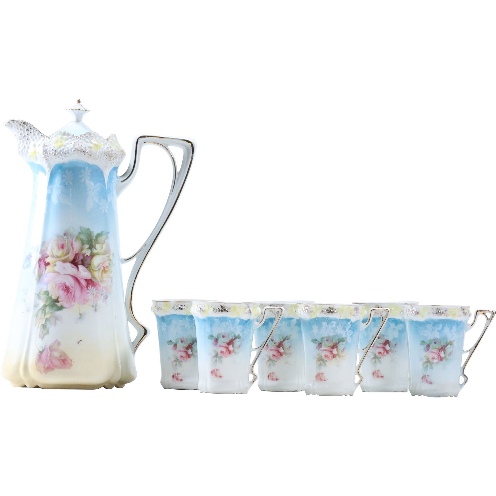 Fine Floral German Porcelain Chocolate Pot with Matching 6 Cups (1 of 13)