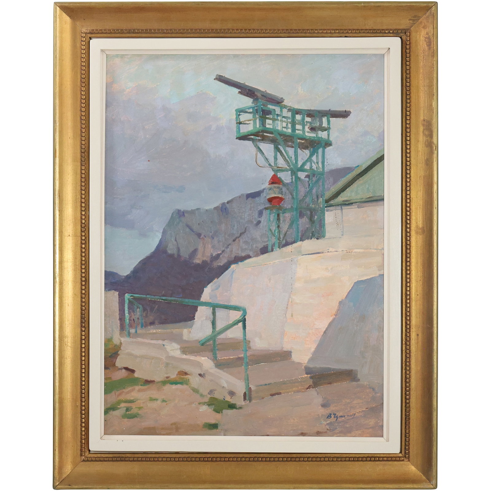 Vintage Russian Industrial Lookout Tower on Mountain Side Oil on Board Painting: Vintage Russian Industrial Lookout Tower on Mountain Side Oil on Board Painting. Info in Russian on verso. size: 26 x 19, 32.5 x 25.75 outside frame
