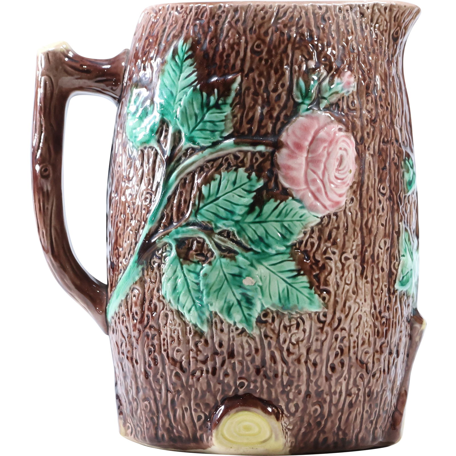 19th C. Majolica Pottery Pitcher with Pink Rose and Leaves 9 in. height (1 of 9)