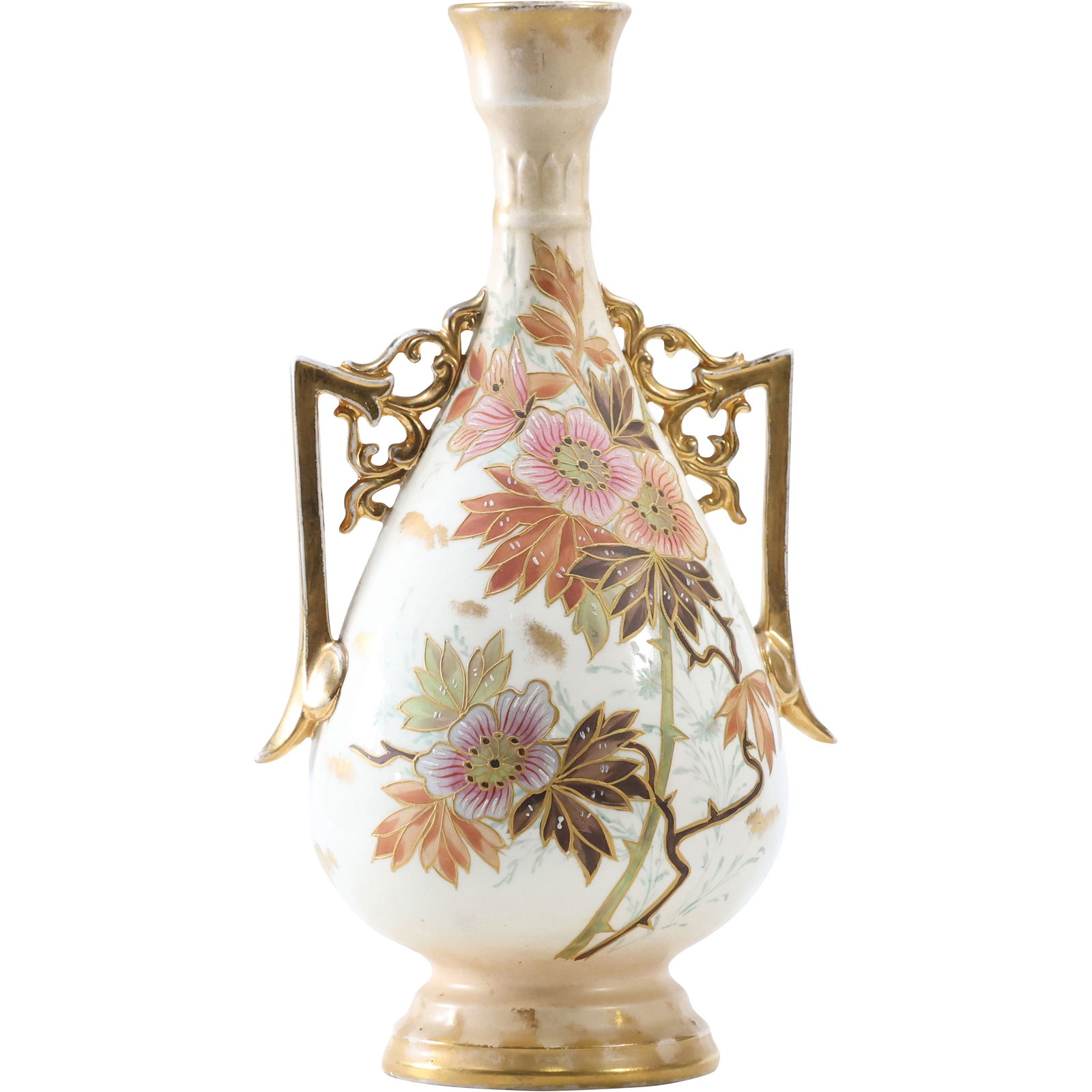 19th C. Royal Bonn Fine Porcelain Handles Vase with Hand Painted Flowers, Gold Accents 12 in. h. (1 of 15)