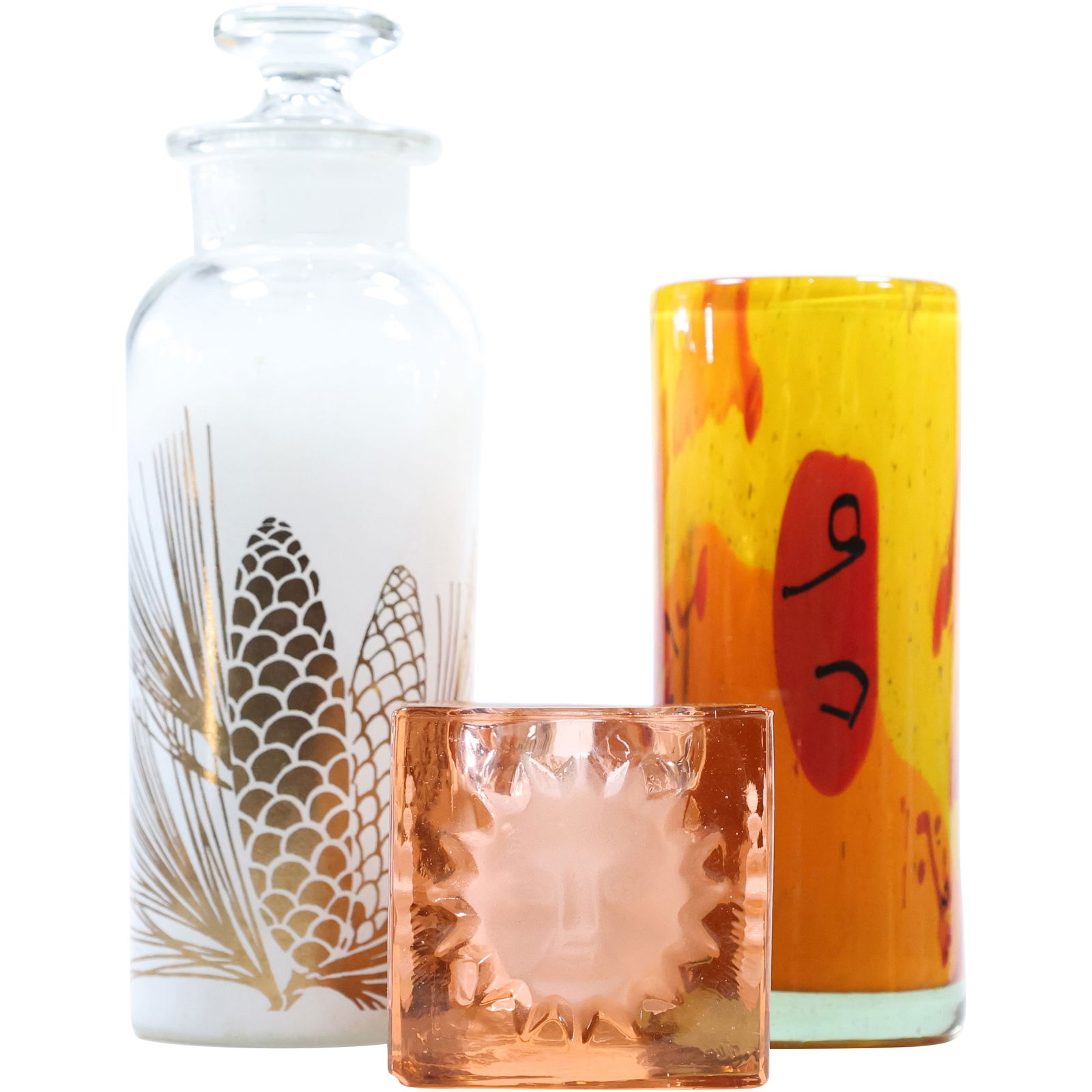 3 Assorted Mid-Century Modern Glass Items: White Dresser Bottle, Yellow Cylindrical Vase, Orange (1 of 11)