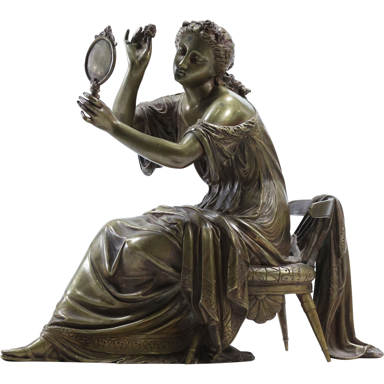 19th C. Bronze Classical Woman Holding a Hand Mirror, Nice Detail, Good Patina 11.5 in. length (1 of 9)
