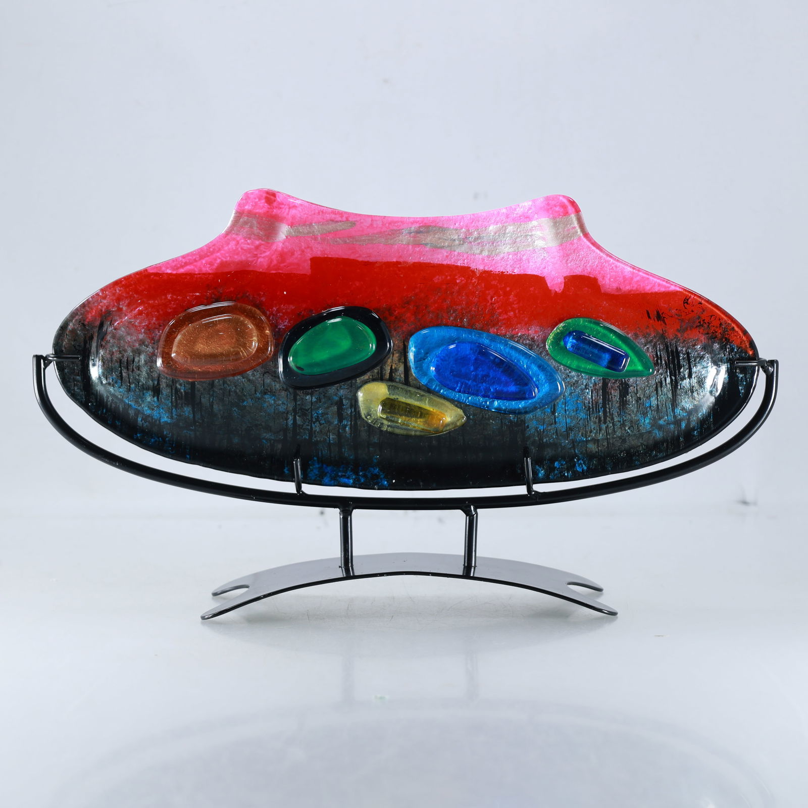 Modern Design Colorful Art Glass Sculptured Vase Mounted on a Metal Display Stand 14 in. length (1 of 19)