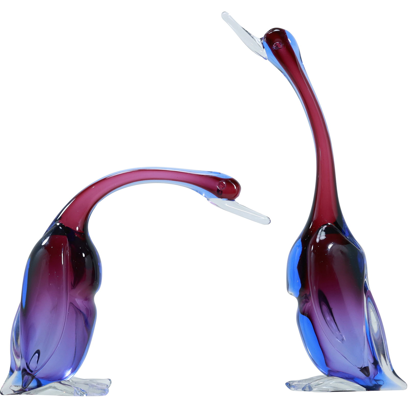2 Vintage Murano Sommerso Art Glass Ducks, Archimede Seguso, Amethyst to Blue 15 in. height: 2 Vintage Murano Sommerso Art Glass Ducks, Archimede Seguso, Amethyst to Blue 15 in. height. size: standing: 15 x 5 x 3 leaning: 9 x 11 x 4 chip on toe Shelf: F