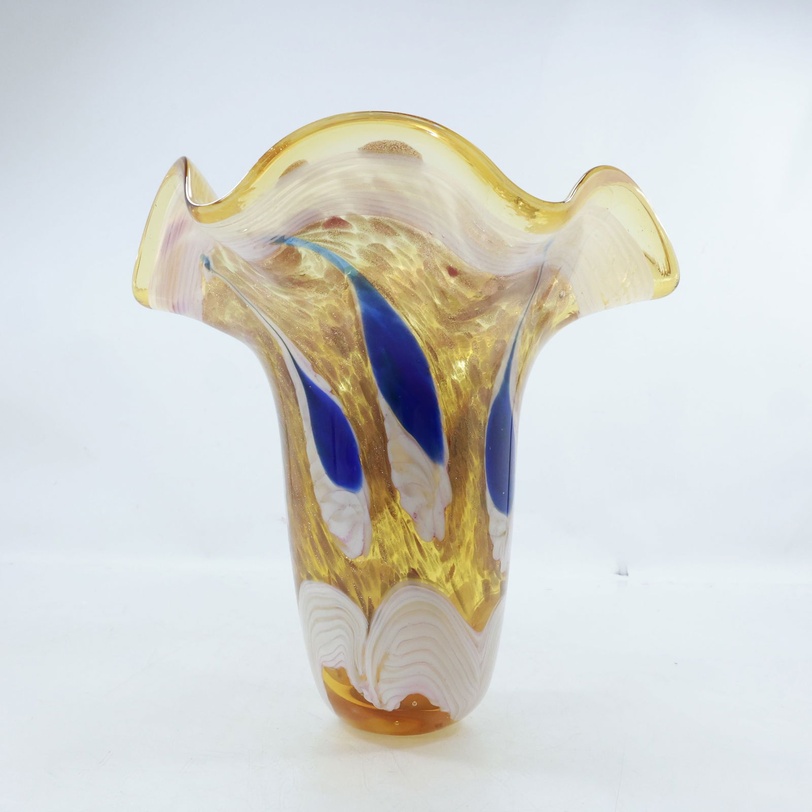 Murano Studio Art Glass Gold Fleck and Blue Vase with Flared Wavy Top 9 in. height x 9.75 wide: Murano Studio Art Glass Gold Fleck and Blue Vase with Flared Wavy Top size: 9x9.75 shelf: A