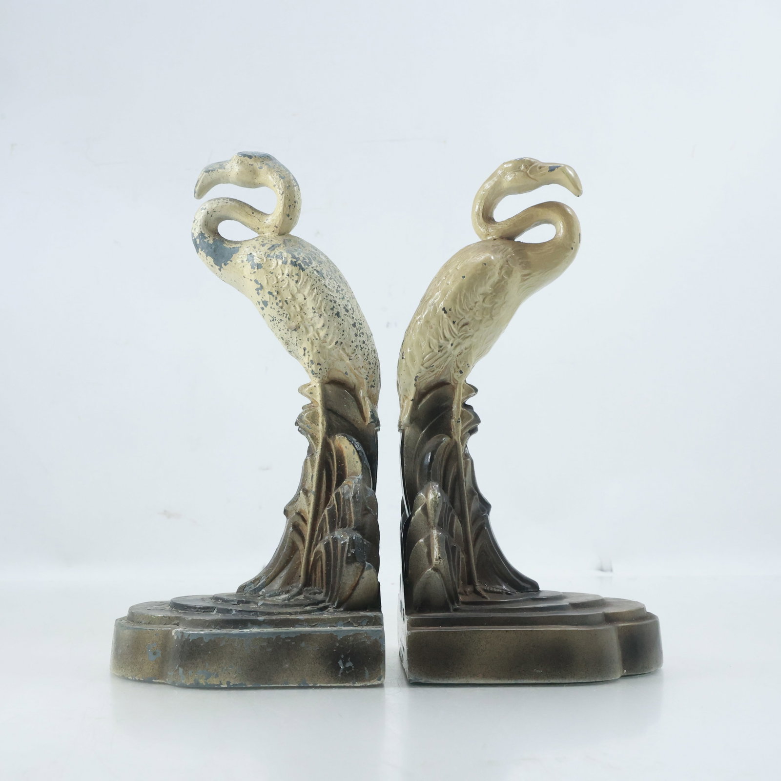 Pair of TK 1933 Cast Metal Flamingo Bookends Art Deco: Pair of TK 1933 Cast Metal Flamingo Bookends size: 8.5x4.25 shelf: A