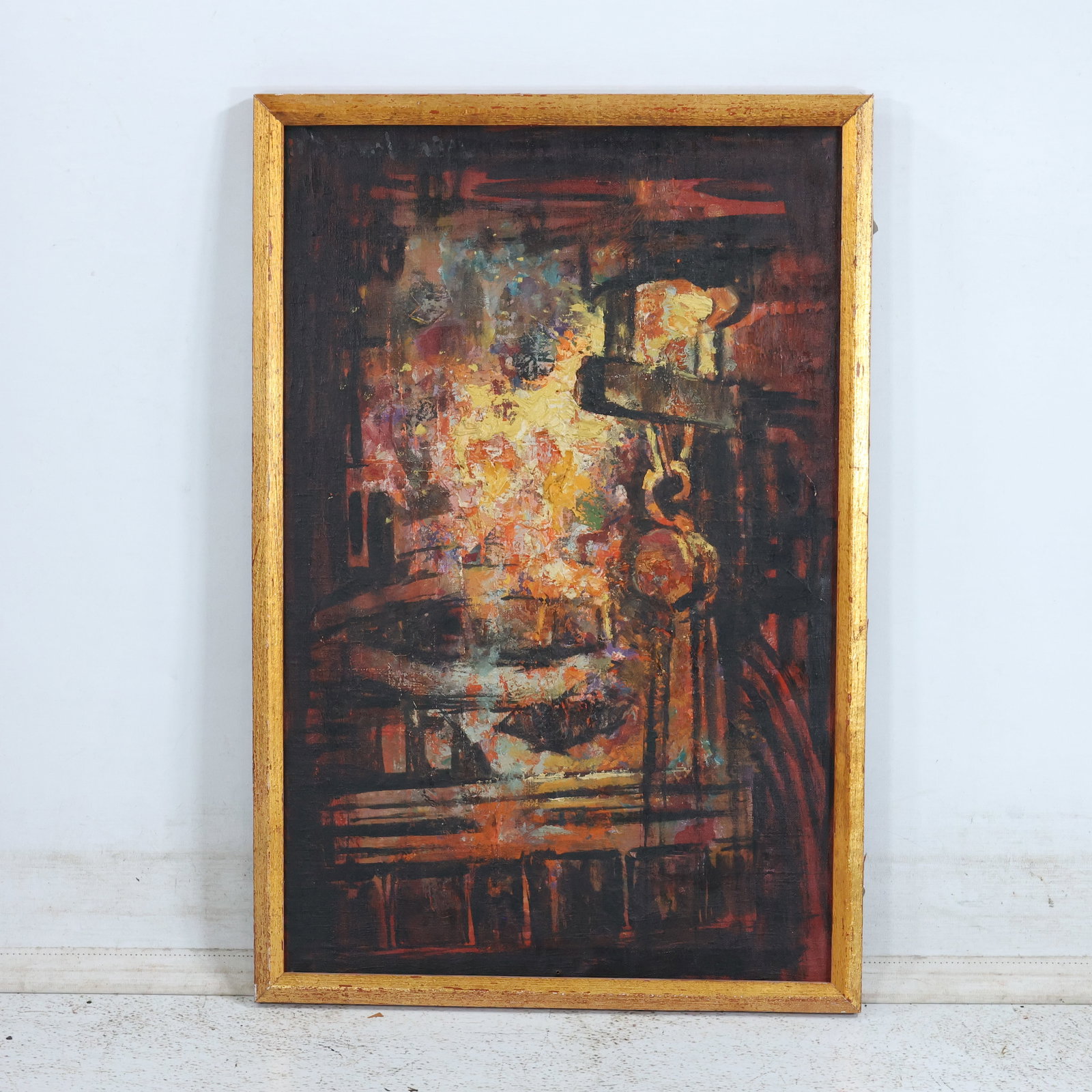 Abstract Expressionism Industrial Block &  Tackle Pulley Inside a Coal Mine, Oil on Canvas Painting (1 of 12)