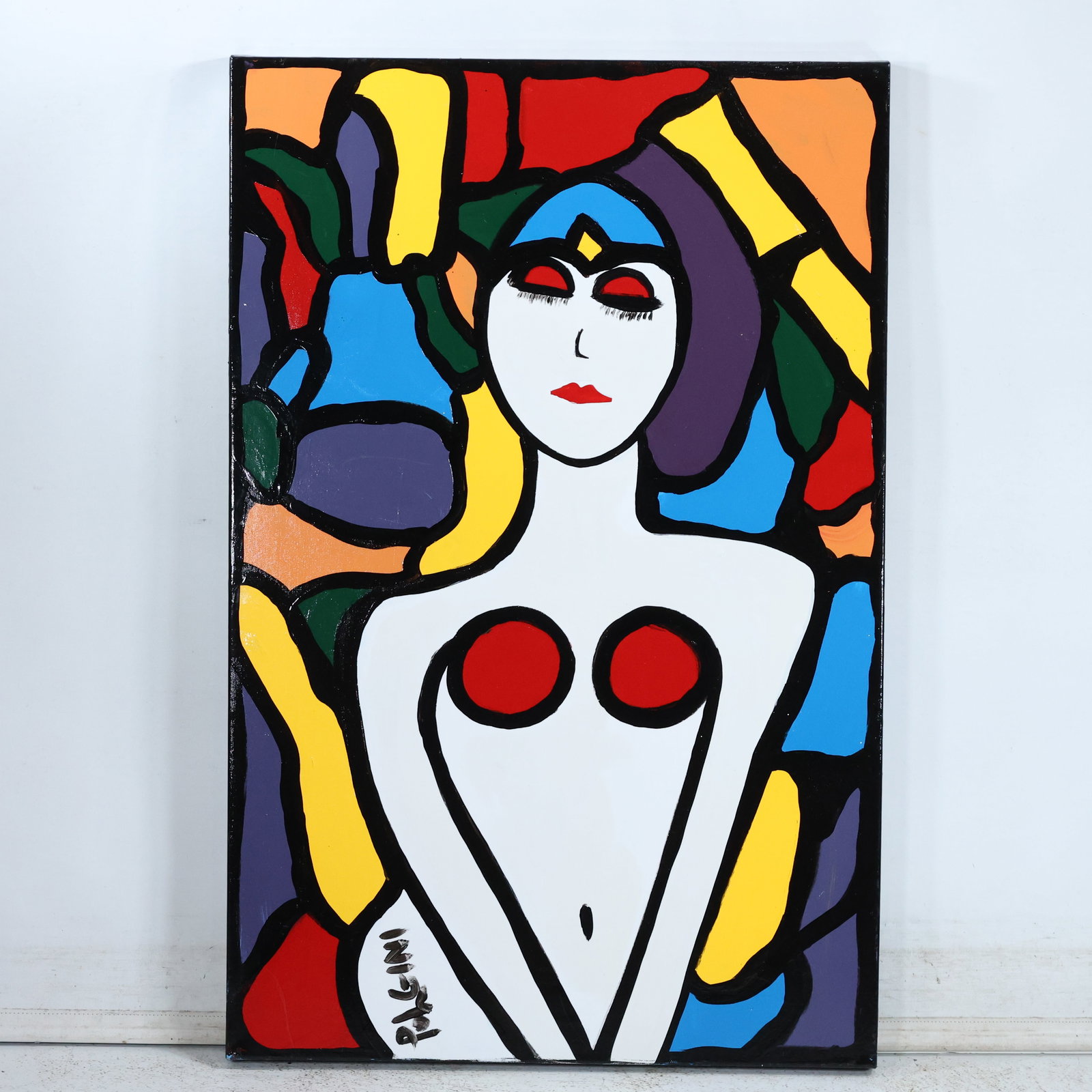 Thomas Pulgini, American, Oil on Canvas Painting Colorful "Stain Glass" with White Nude Woman: Thomas Pulgini, American, Oil on Canvas Painting Colorful "Stain Glass" with White Nude Woman . Well Listed American Artist. size: 40 x 26 ASKart: Thomas Pulgini, Born 1965 in Wilmington Delaware Popu