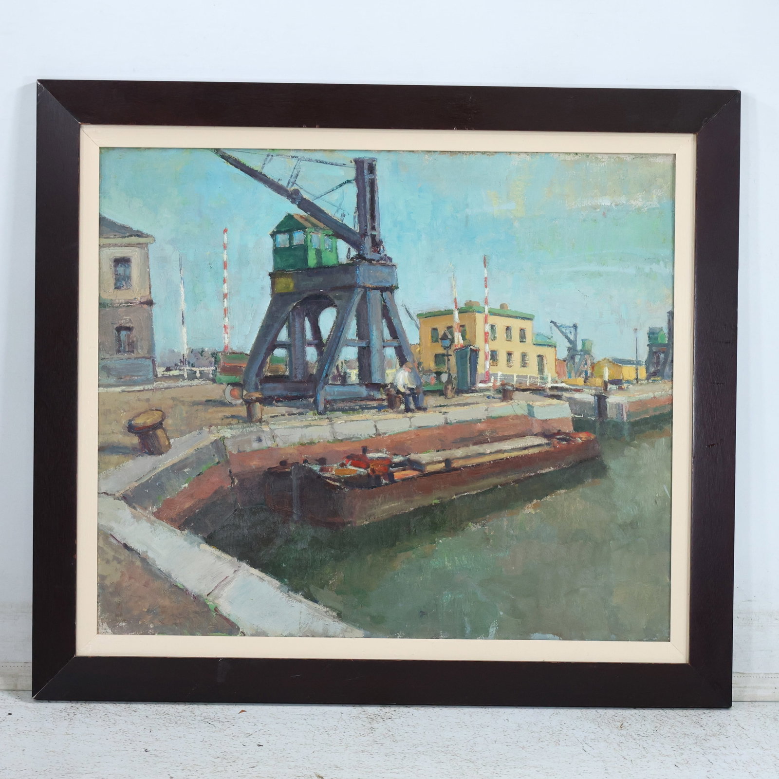 Quality 1950s Oil on Canvas Painting Industrial Harbor Marina River Town, Framed: Quality 1950s Oil on Canvas Painting Industrial Harbor Marina River Town, Framed. size: 22 x 26, 27 x 31 outside frame