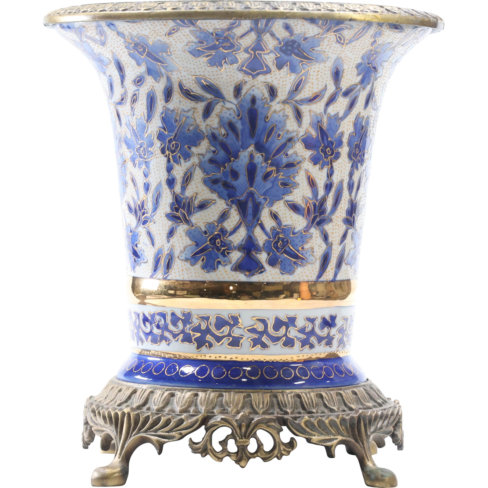 Oriental Footed Blue and White Floral Vase with Gold Accents and Ornate Bronze Metal Base (1 of 13)