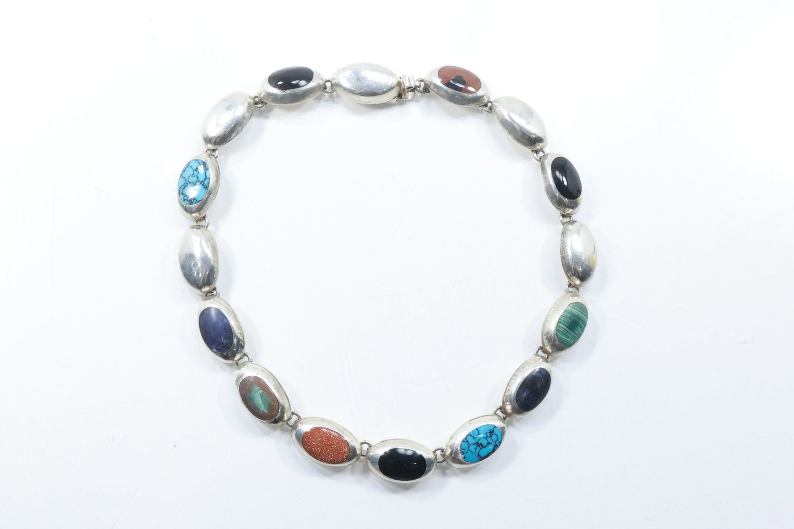 TM-148 .925 Sterling Mexico Necklace 16 Oval Links Lapis, Moonstone, Turquoise, Black Onyx, Brown (1 of 15)