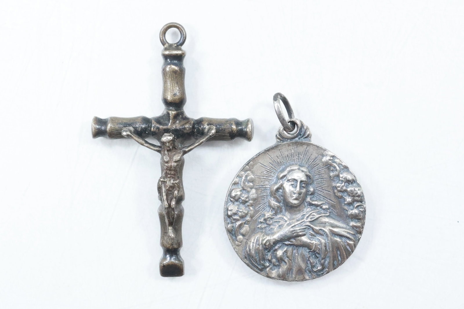 [2] Sterling Silver Bamboo Design Cross 2 1/4 in. & "Hijas of Jesus" Pendant 1/2 in. x 1/4 in.: [2] Sterling Silver Bamboo Design Cross 2 1/4 in. x 1 3/8 in. & "Hijas of Jesus" Pendant 1/2 in. x 1/4 in.