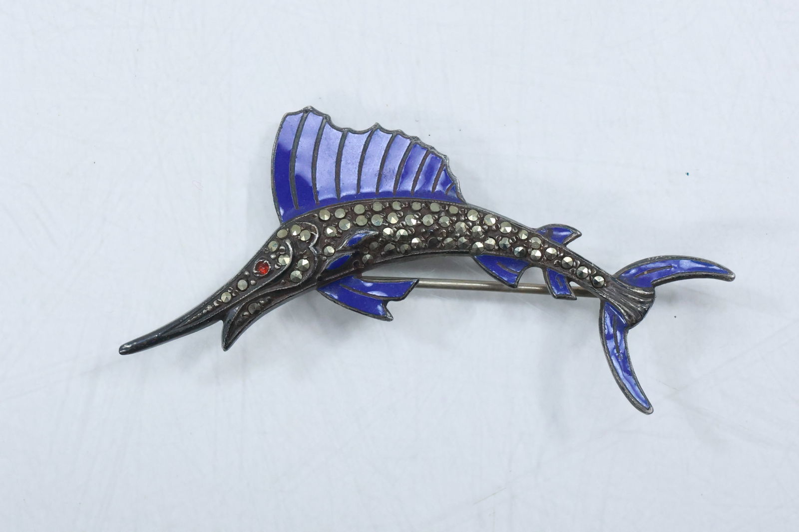 Sterling Silver Made in USA Blue Enameling & Marcasites Marlin Fish Pin 2 1/4 in. (1 of 14)