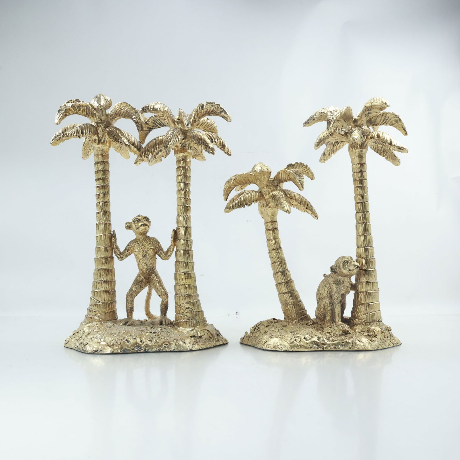 Pair Decorative Monkey Under Coconut Trees Candlesticks, Gold Patina, Hard Resin Composition: Pair Decorative Monkey Under Coconut Trees Candlesticks, Gold Patina, Hard Resin Composition. size: 13.5x10, 13x9.75 shelf: A
