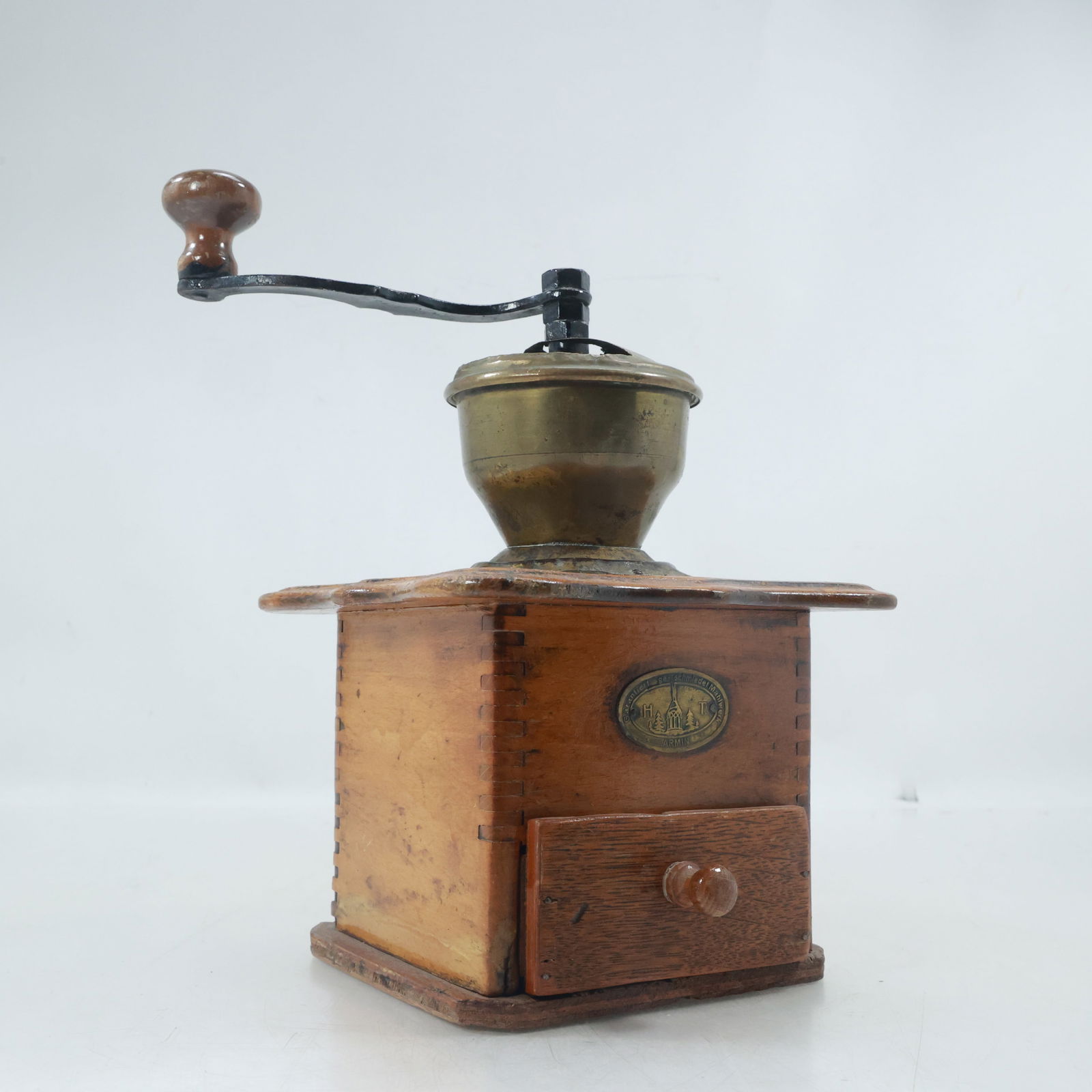 Antique Coffee Mill Grinder Brass with Dovetailed Wooden Case (1 of 19)