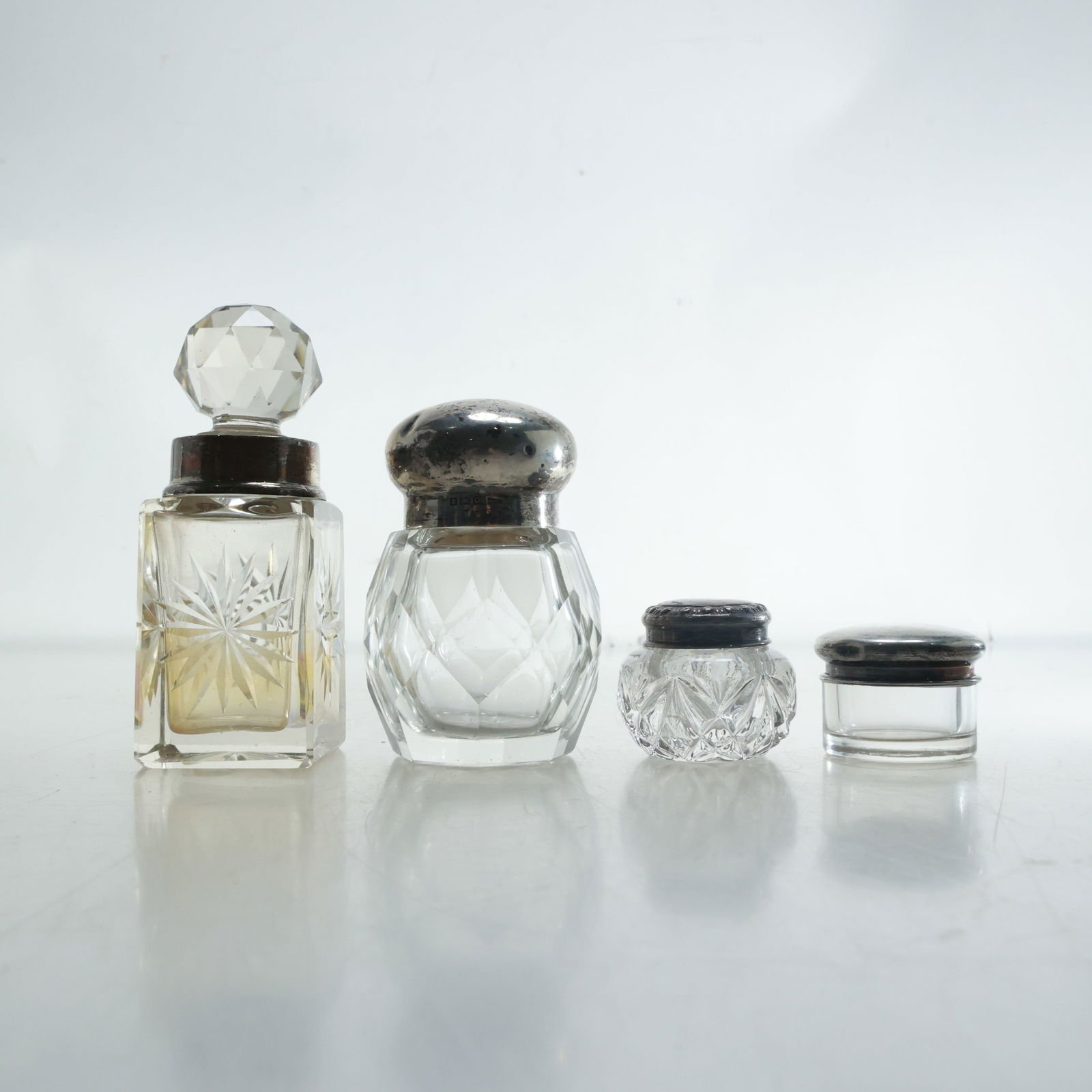 4 Assorted Vintage Glass Dresser Bottles and Jars with Silver Tops, Hallmarked (1 of 17)