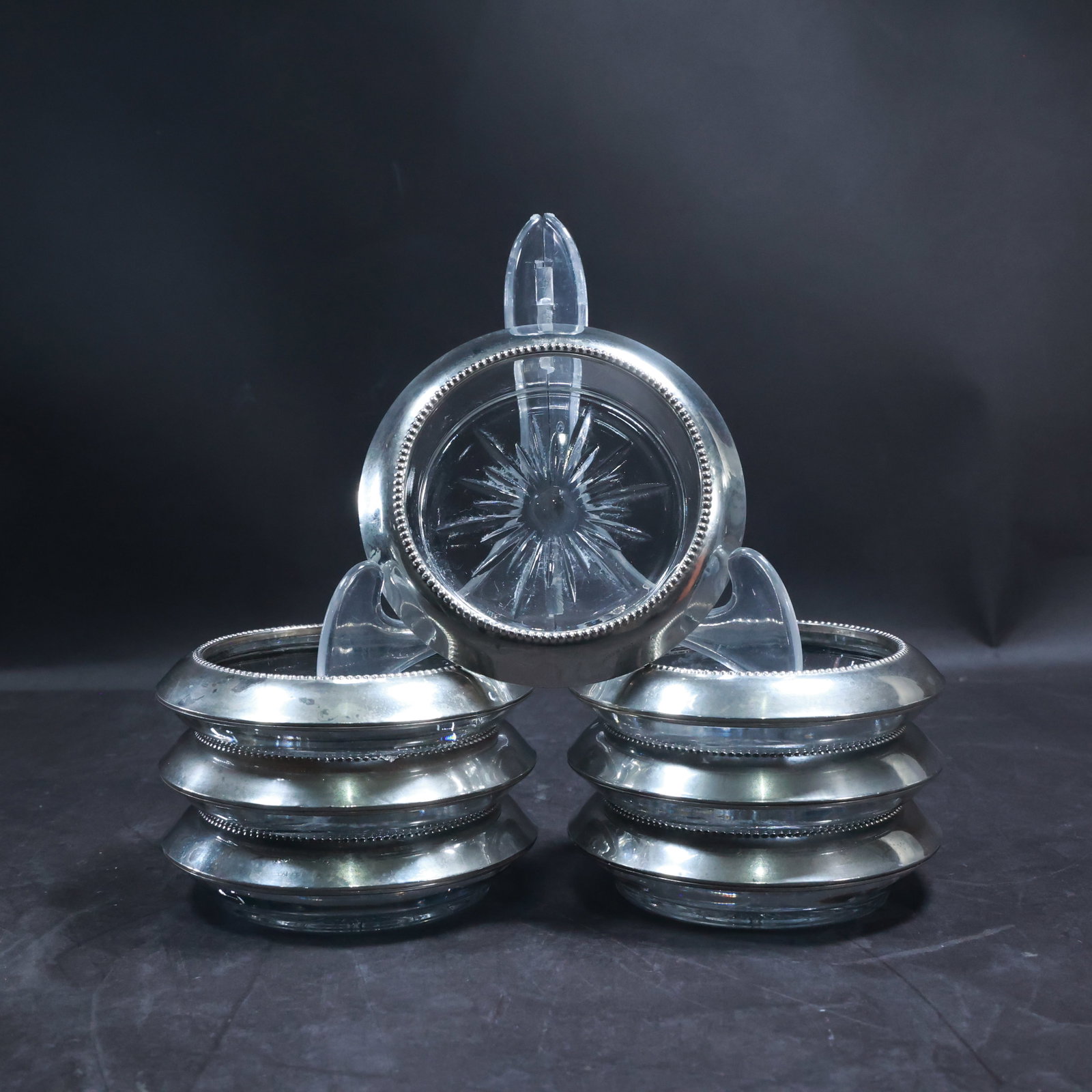 Set of 7  Six Sterling Silver Rimmed and Crystal Glass Coasters (1 of 15)