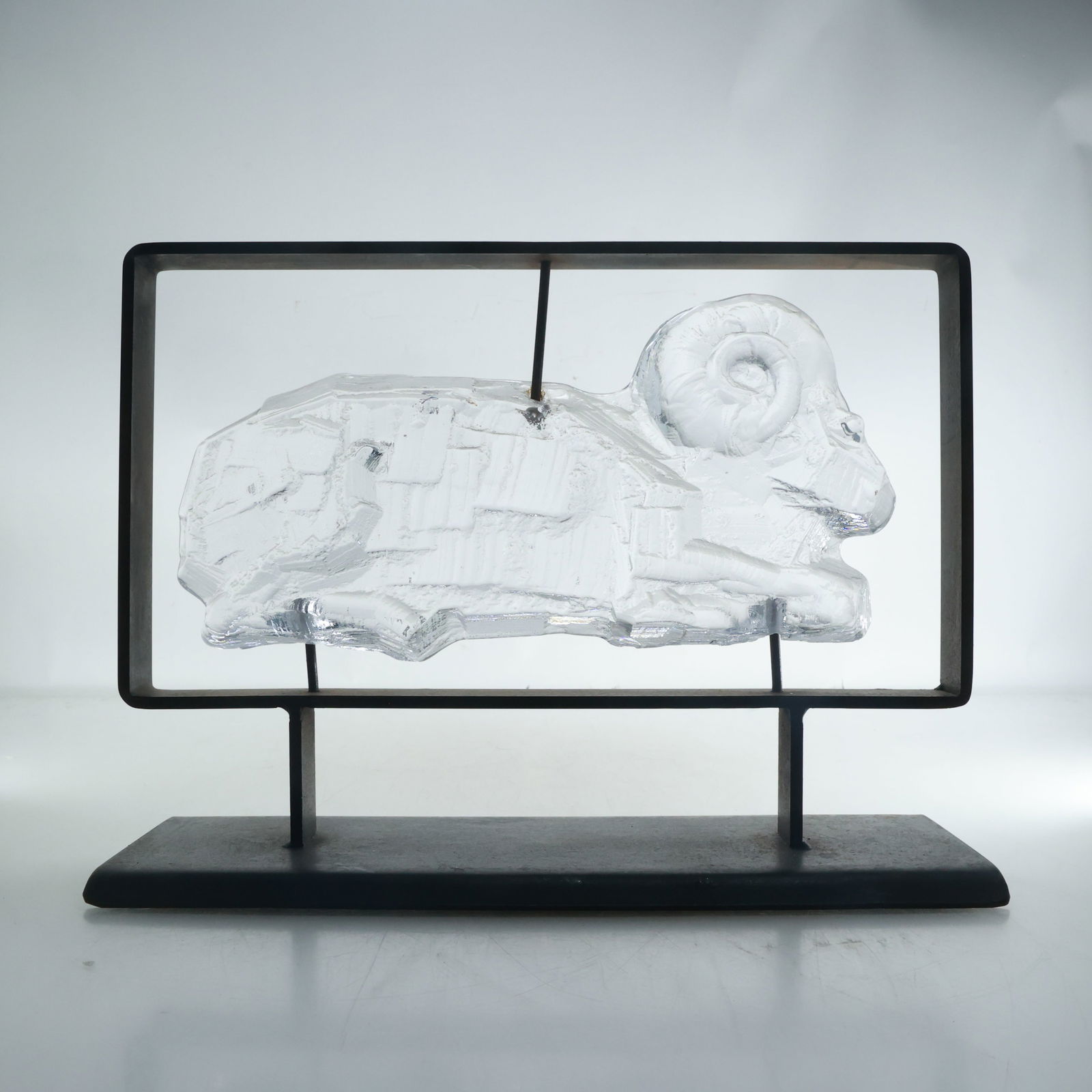 1960s Erik Hoglund Glass Relief in Iron Frame Kosta Boda Ram Sculpture 9.75 in. x 13 in. (1 of 16)