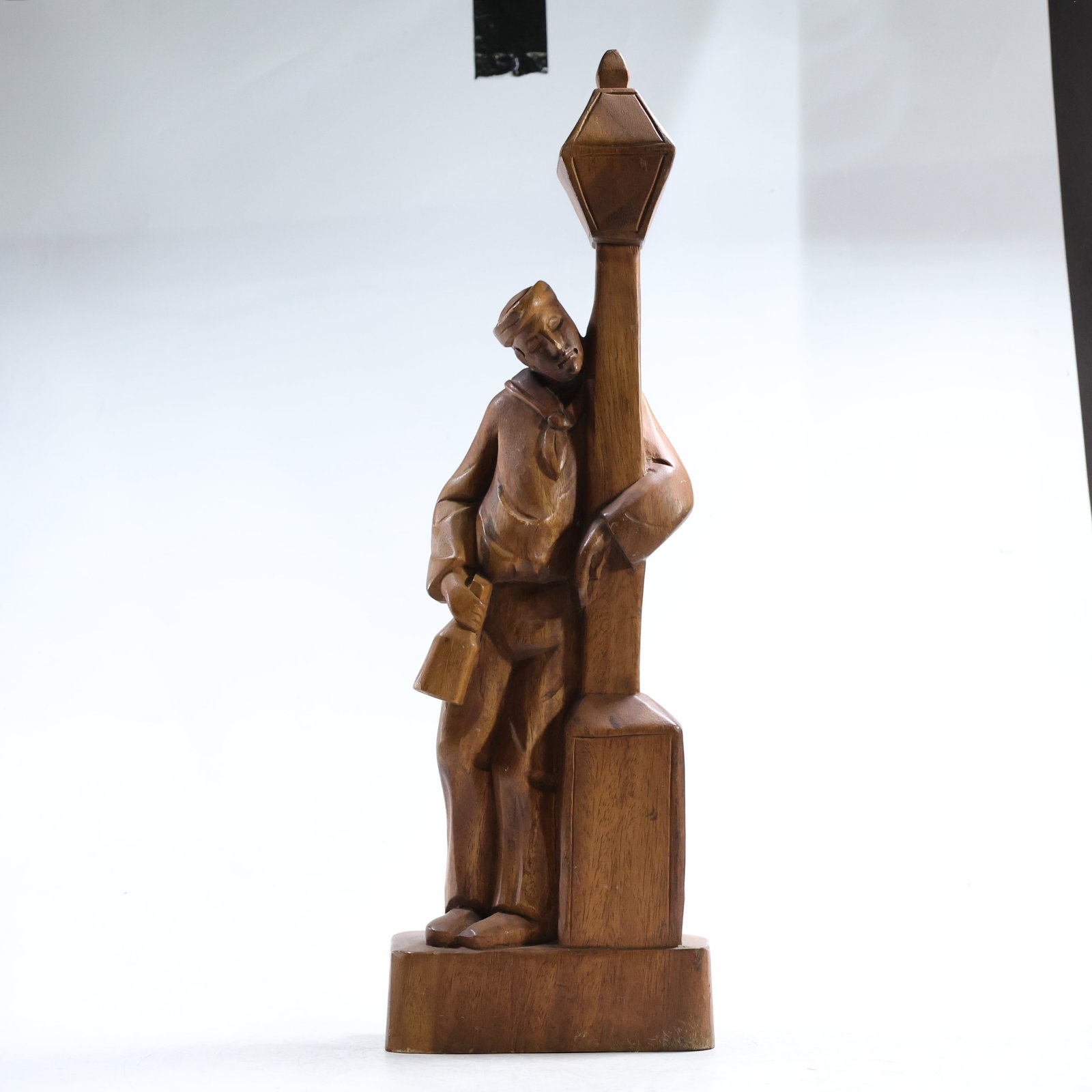 Vintage Carved Wood Statue of a Drunken Man Leaning on a Street Post Lamp 20.25 in. height (1 of 13)