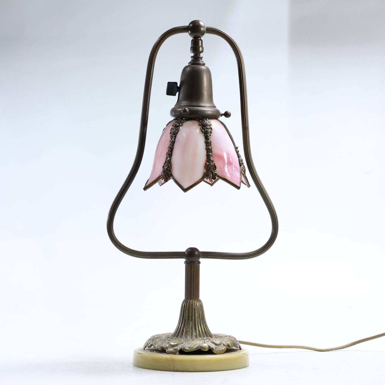 Antique Brass Harp Desk Lamp / Piano Lamp with Pink Slag Glass Panel Tulip Shade, Marble Base (1 of 13)