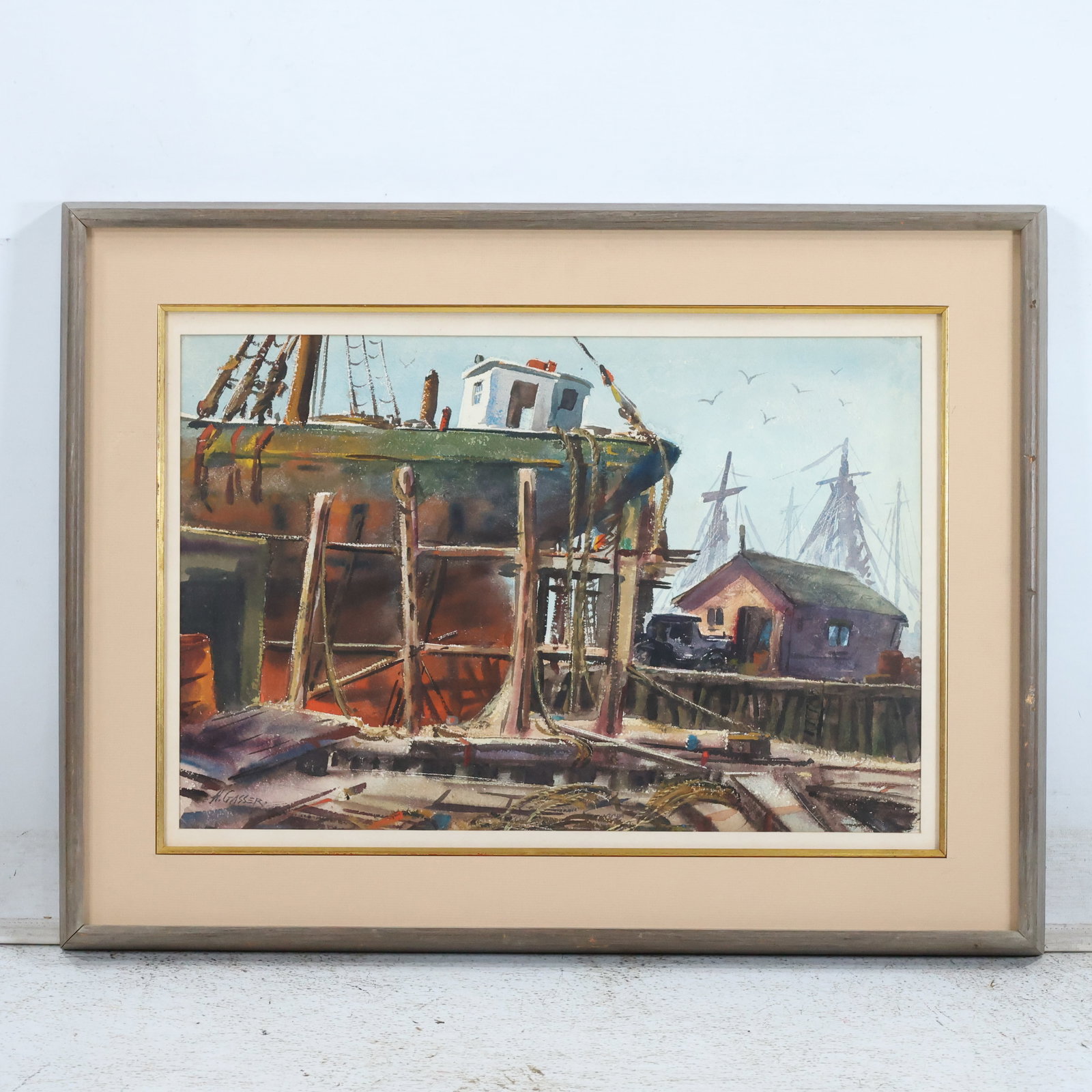 Henry Gasser [1909-1981 American], Exceptional Watercolor Painting titled on verso "Dry Dock" (1 of 13)