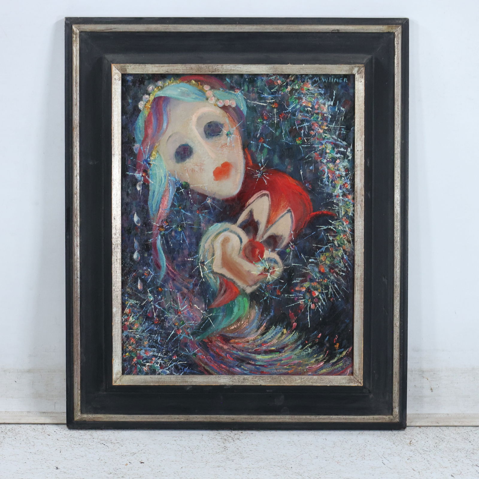 Miriam Brandschaim, Oil Painting Portrait of Girl and Clown, with Exhibition Label on Verso (1 of 12)