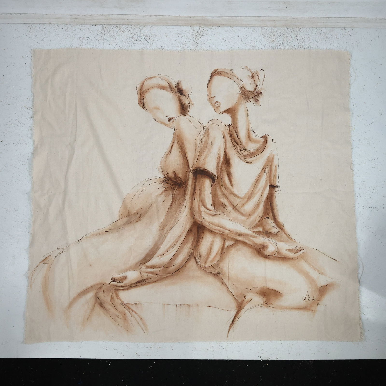 Artist Signed Two Figure Studies Oil Painting on Linen 40 in. x 45 in. (1 of 14)